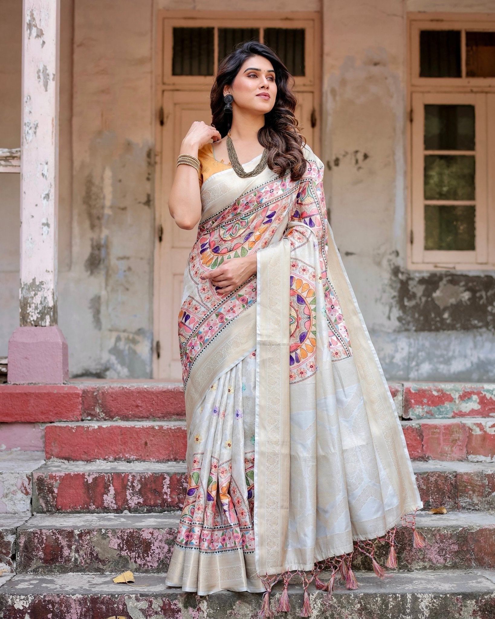 Pure Banarasi Silk Saree Weaved With Golden Zari Comes With Tassels - Fashion Dream Studio