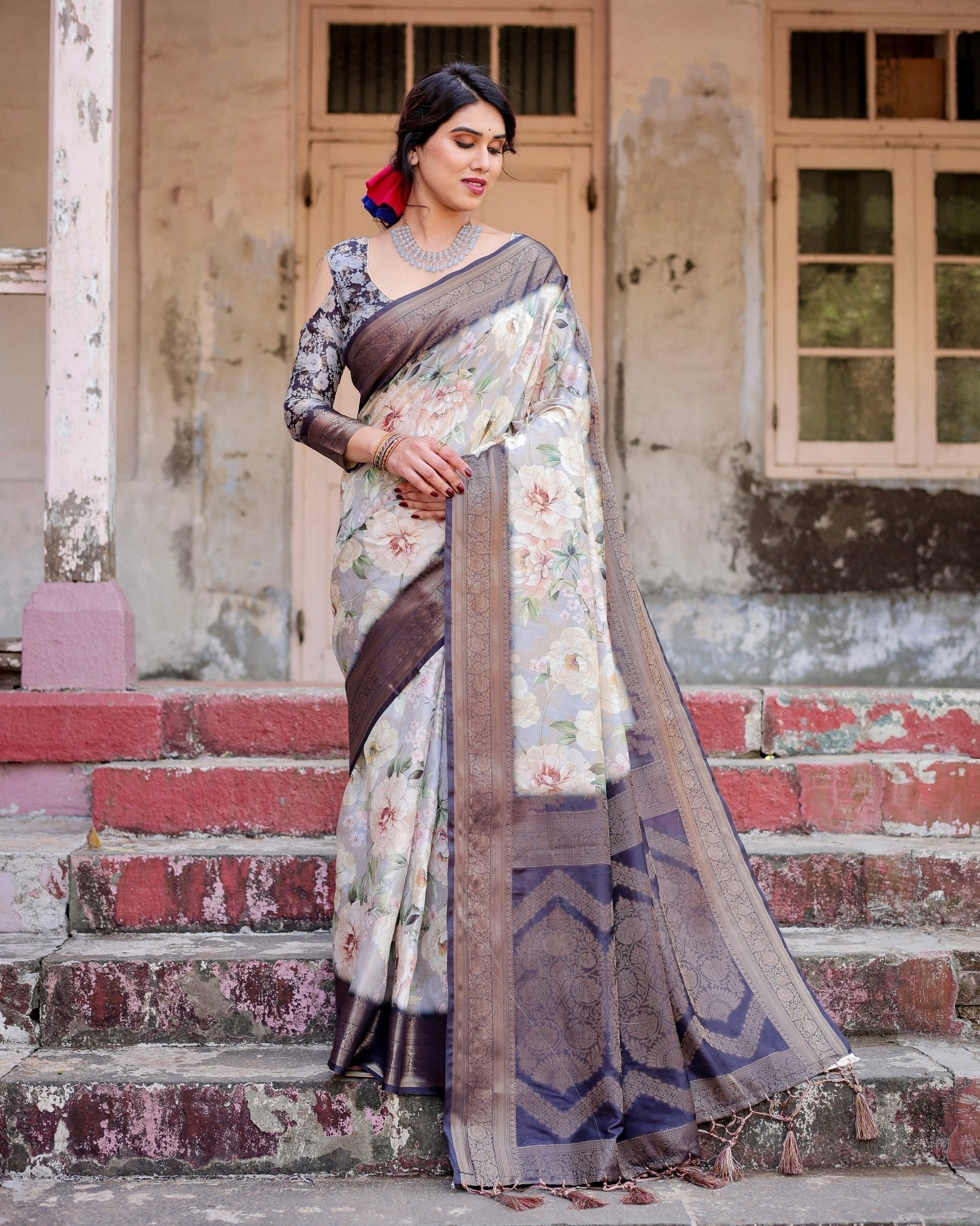 Pure Banarasi Silk Saree Weaved With Golden Zari Comes With Tassels - Fashion Dream Studio