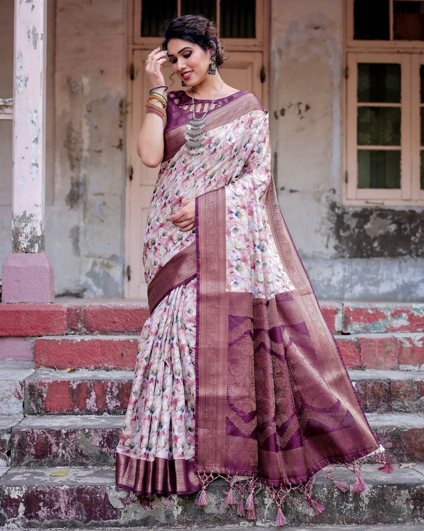 Pure Banarasi Silk Saree Weaved With Golden Zari Comes With Tassels - Fashion Dream Studio