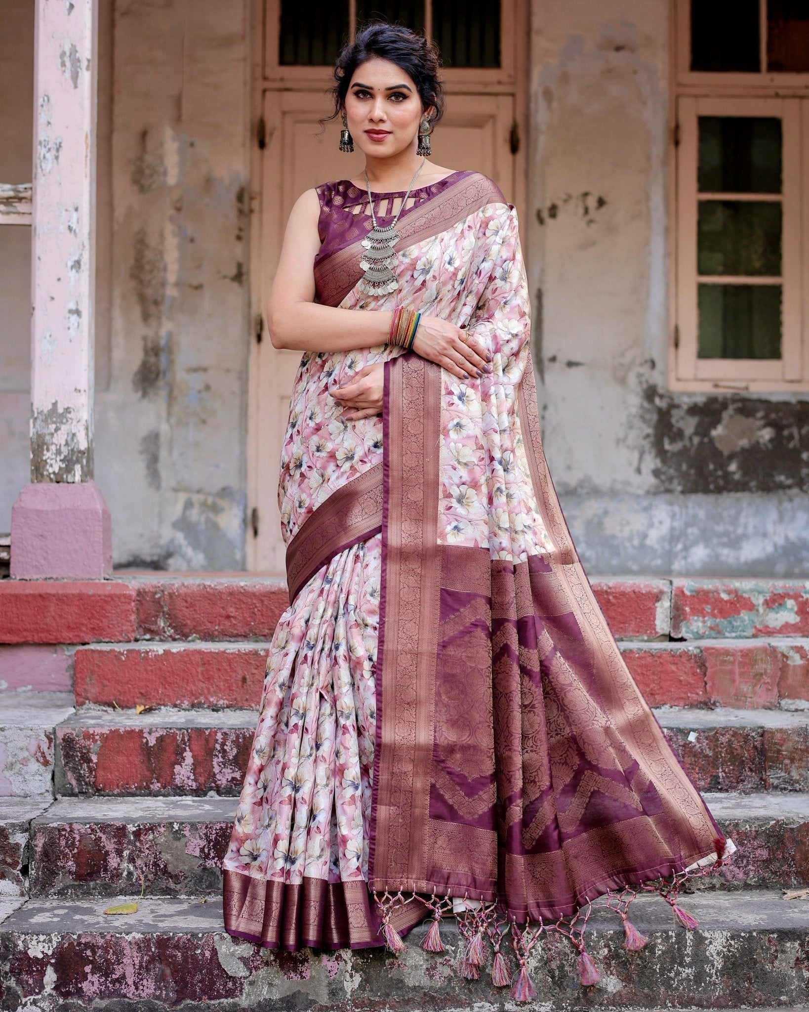 Pure Banarasi Silk Saree Weaved With Golden Zari Comes With Tassels - Fashion Dream Studio