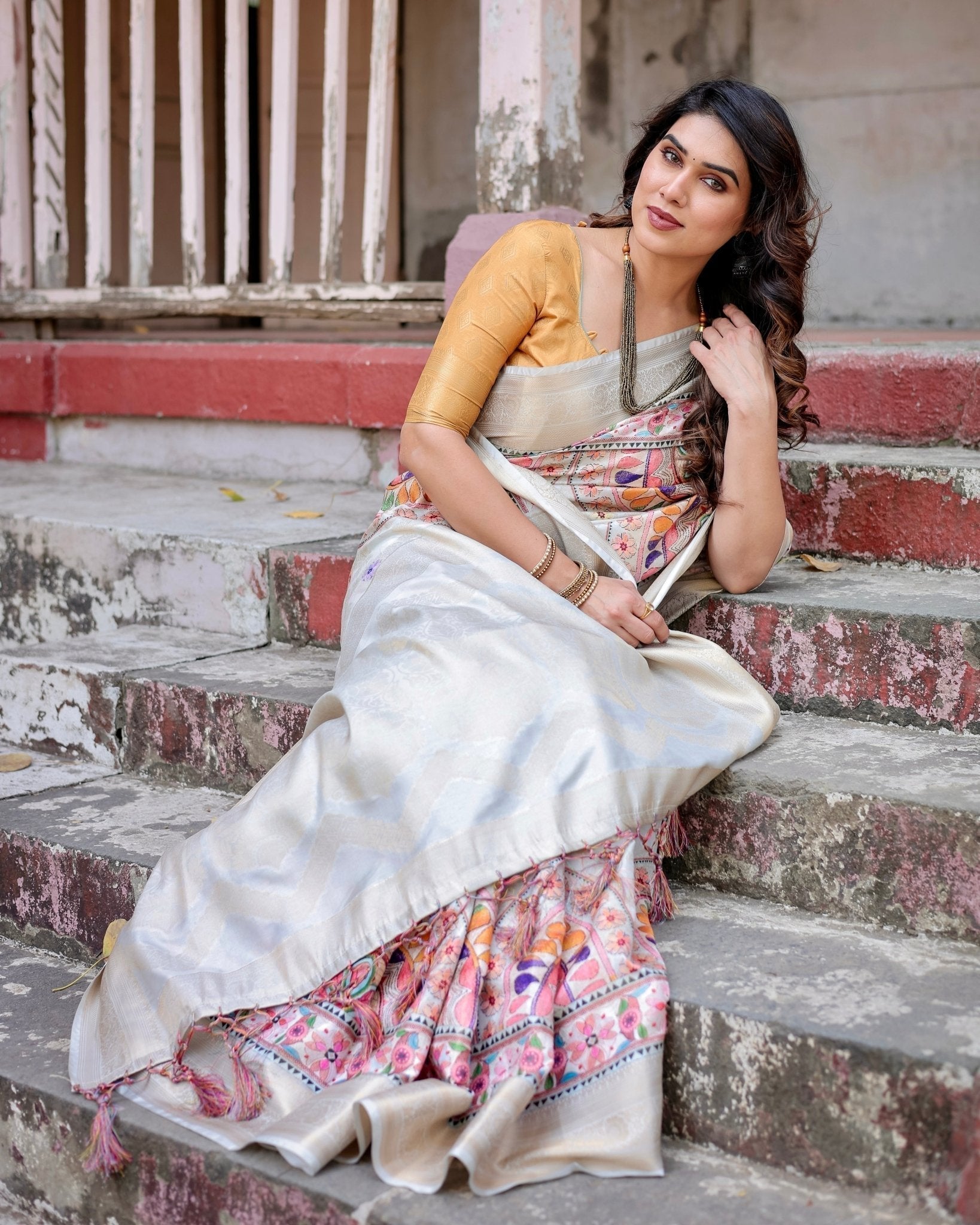 Pure Banarasi Silk Saree Weaved With Golden Zari Comes With Tassels - Fashion Dream Studio