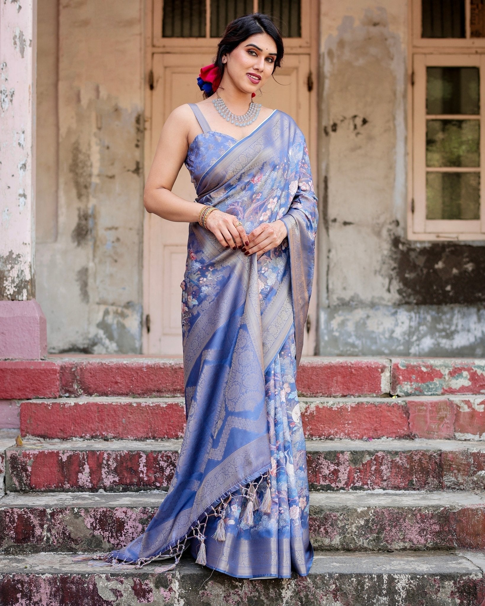 Pure Banarasi Silk Saree Weaved With Golden Zari Comes With Tassels - Fashion Dream Studio