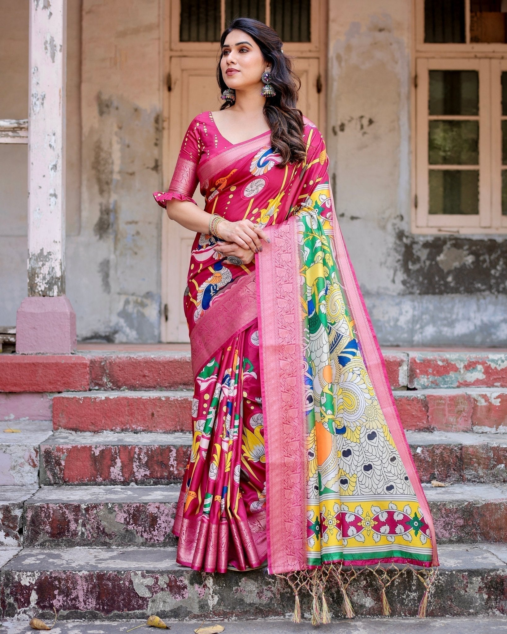 Pure Silk Digitally Printed Saree with Golden Zari and Tassels - Fashion Dream Studio