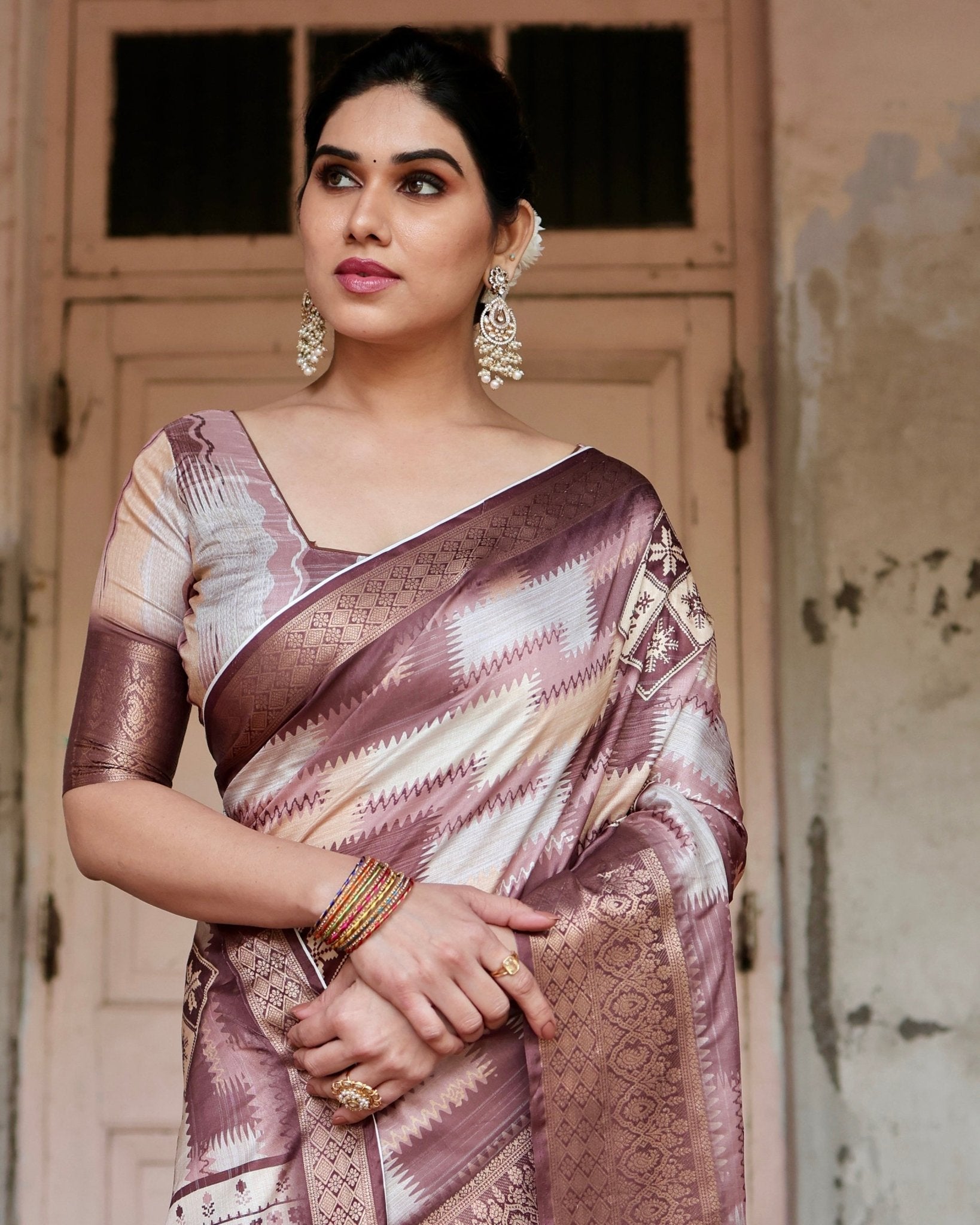 Pure Silk Digitally Printed Saree Weaved With Golden Zari Comes With Tassels - Fashion Dream Studio