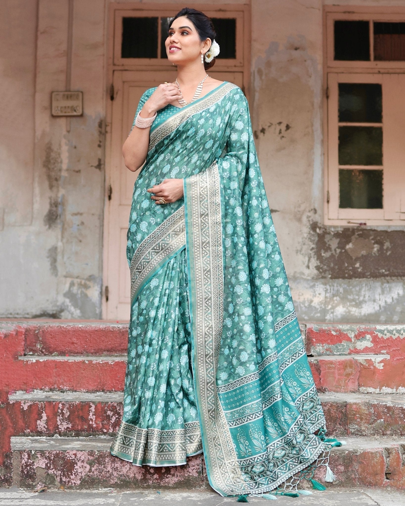 Teal Green Floral Pure Silk Digital Print Saree with Silver Border and Tassels - Fashion Dream Studio