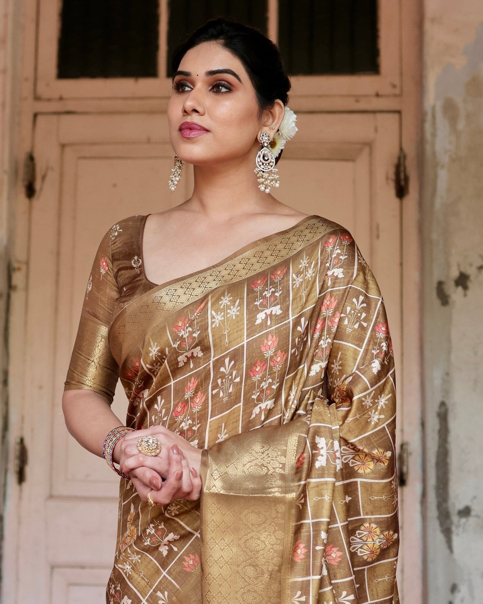 Pure Silk Digitally Printed Saree with Golden Zari and Tassels - Fashion Dream Studio