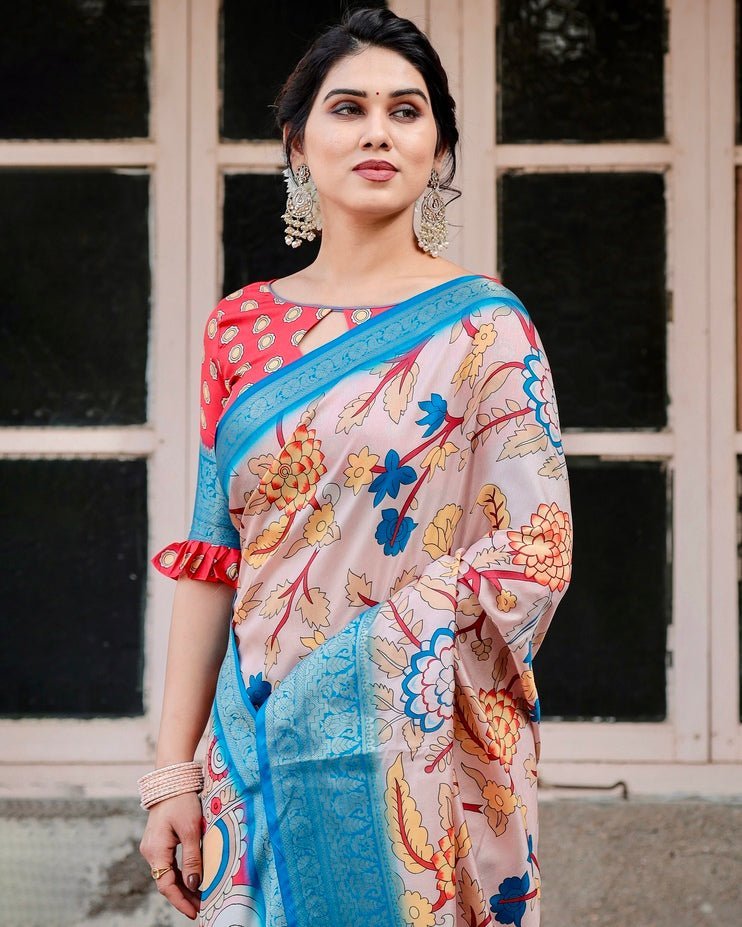 Pure Silk Digitally Printed Saree with Golden Zari and Tassels - Fashion Dream Studio