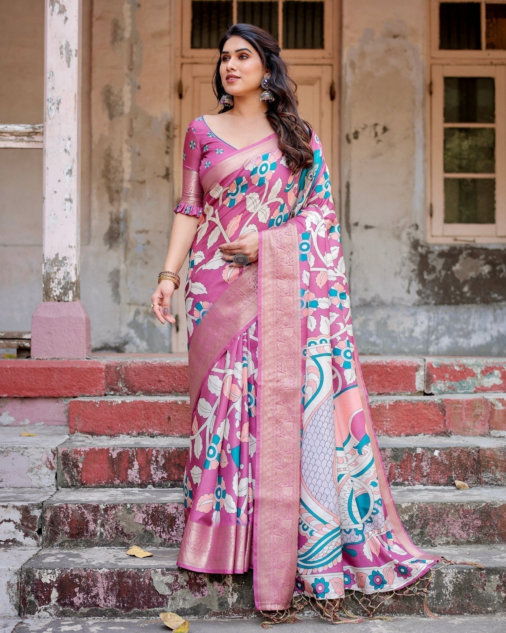 Pure Silk Digitally Printed Saree with Golden Zari and Tassels - Fashion Dream Studio