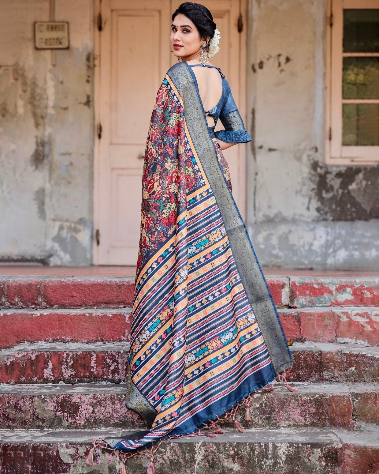 Pure Silk Digitally Printed Saree Weaved With Golden Zari Comes With Tassels