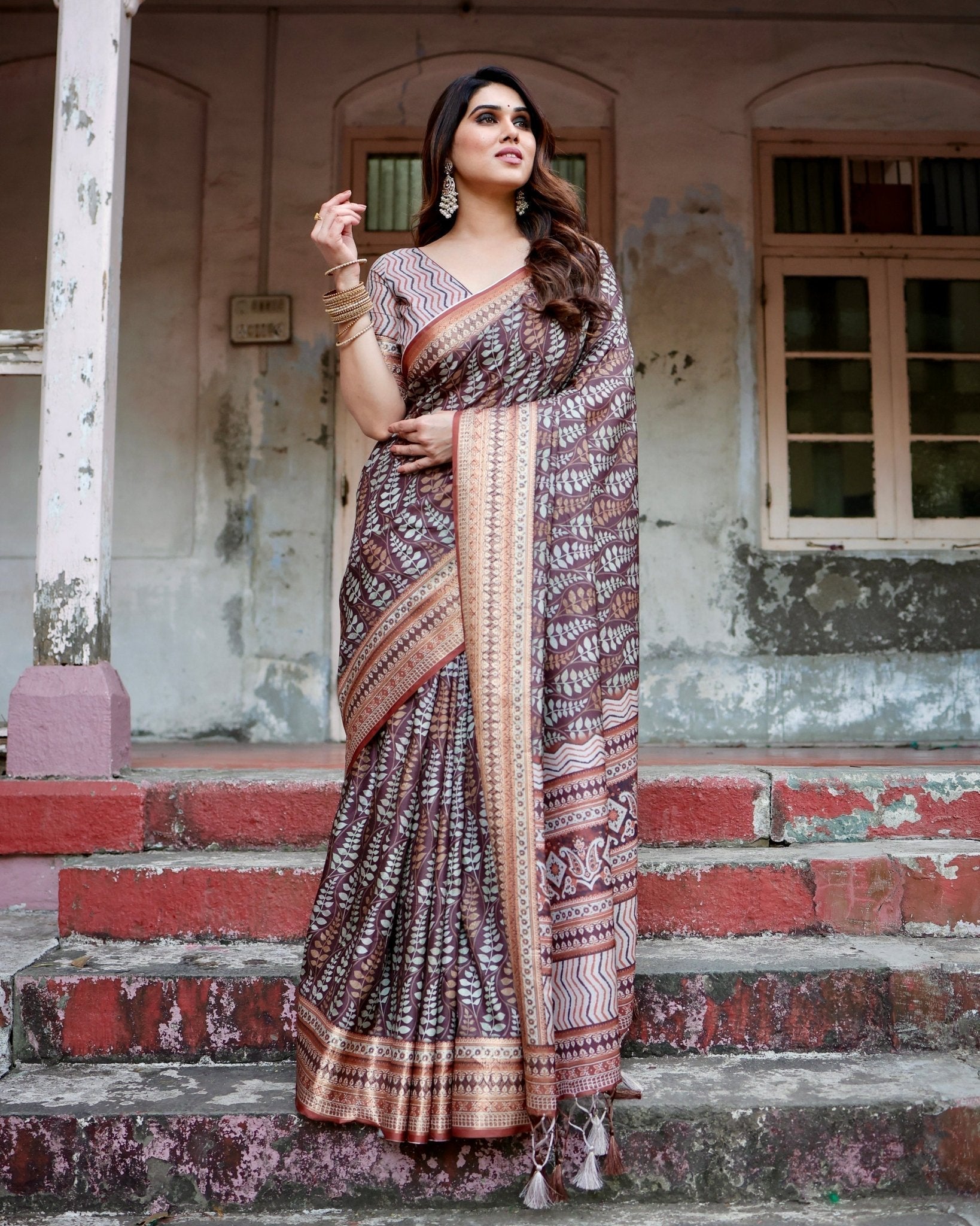 Pure Silk Digitally Printed Saree Weaved With Golden Zari Comes With Tassels