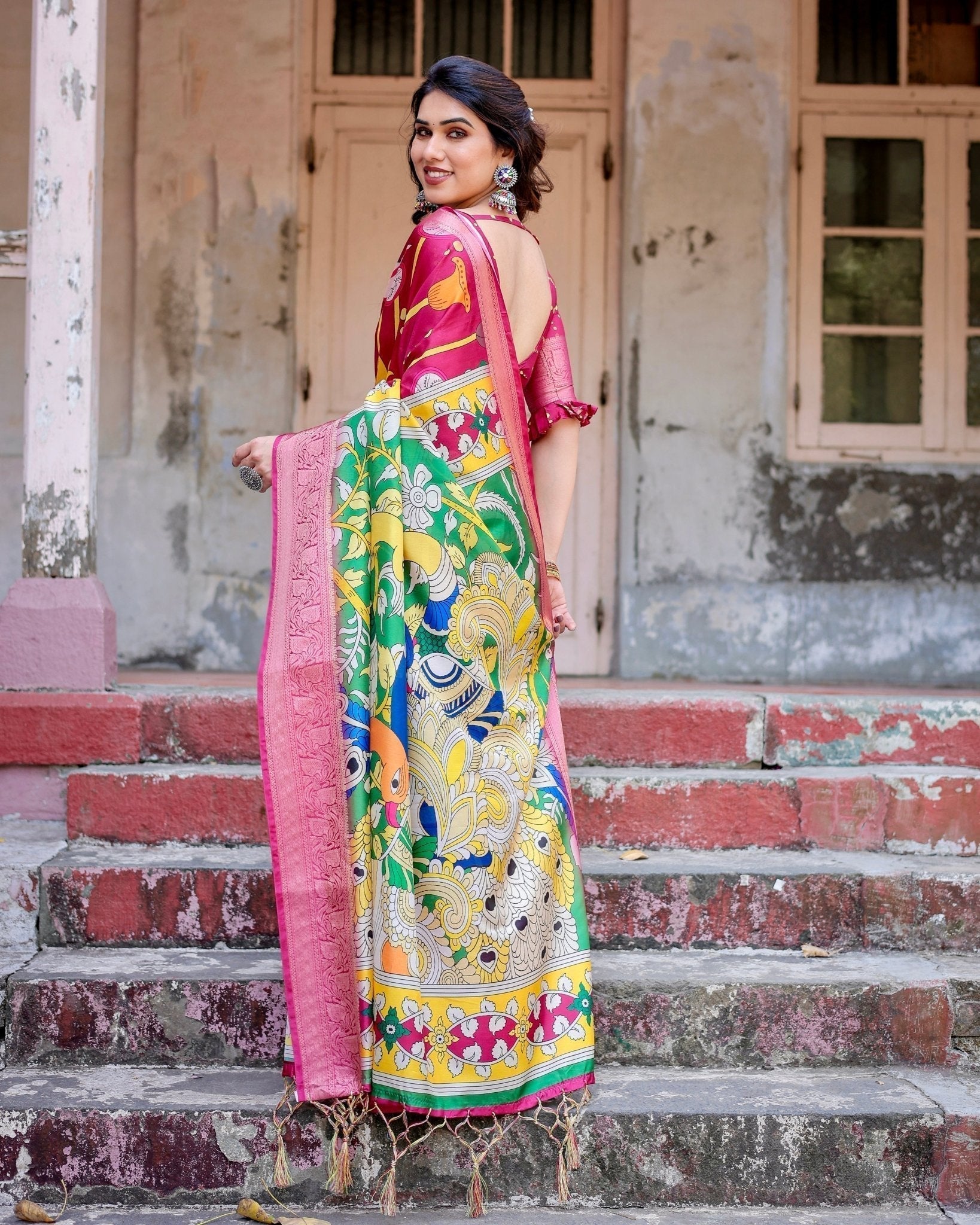 Pure Silk Digitally Printed Saree with Golden Zari and Tassels - Fashion Dream Studio