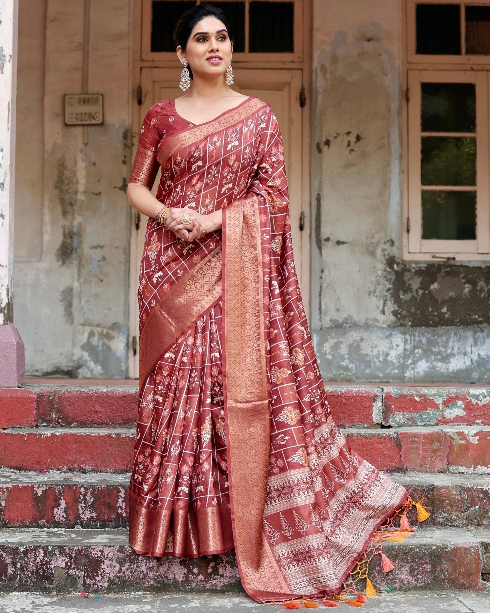 Pure Silk Digitally Printed Saree with Golden Zari and Tassels - Fashion Dream Studio