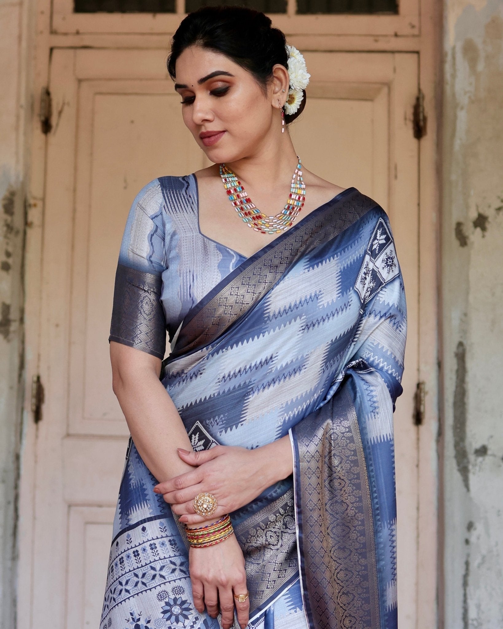 Pure Silk Digitally Printed Saree Weaved With Golden Zari Comes With Tassels - Fashion Dream Studio