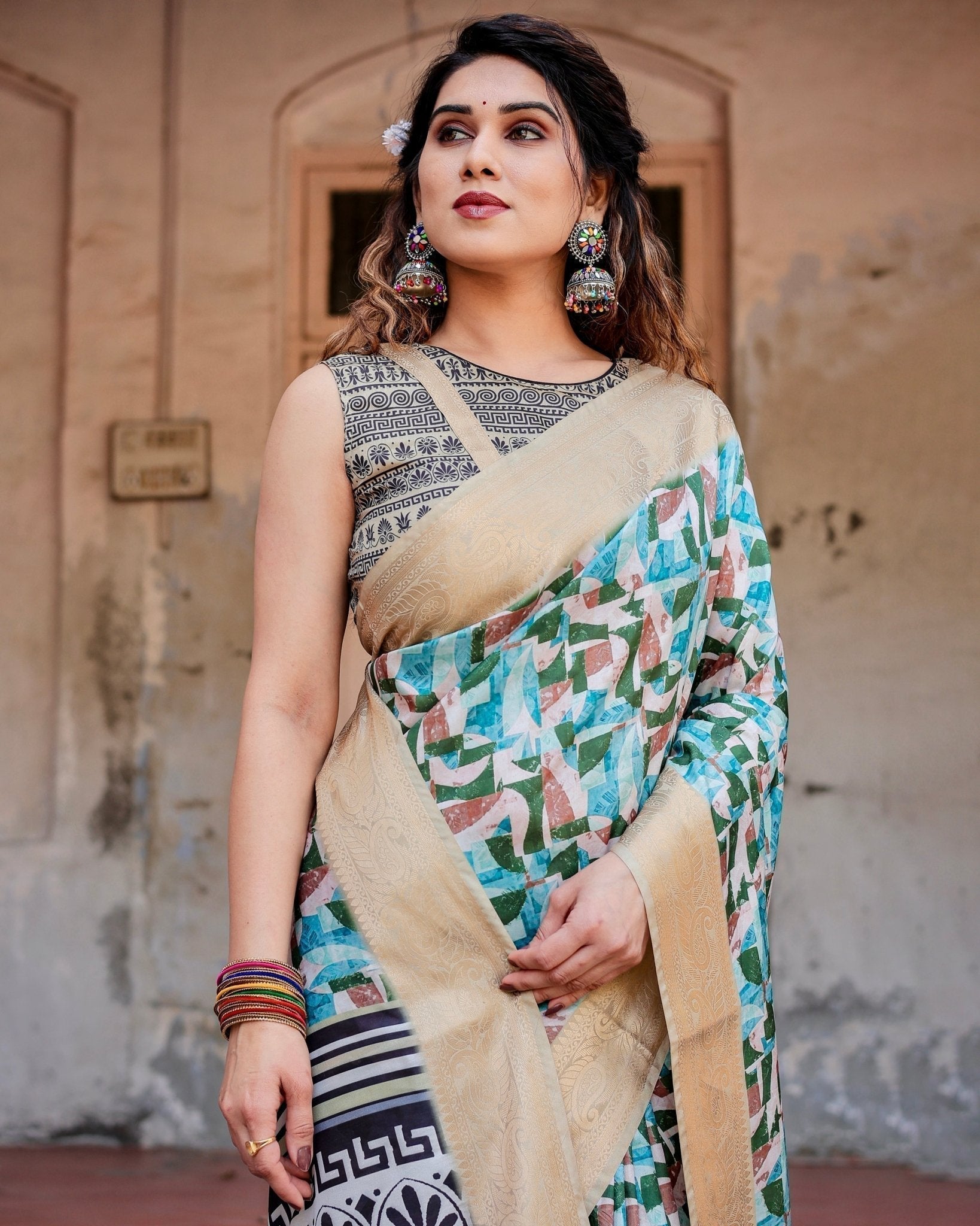 Pure Silk Digitally Printed Saree Weaved With Golden Zari Comes With Tassels - Fashion Dream Studio