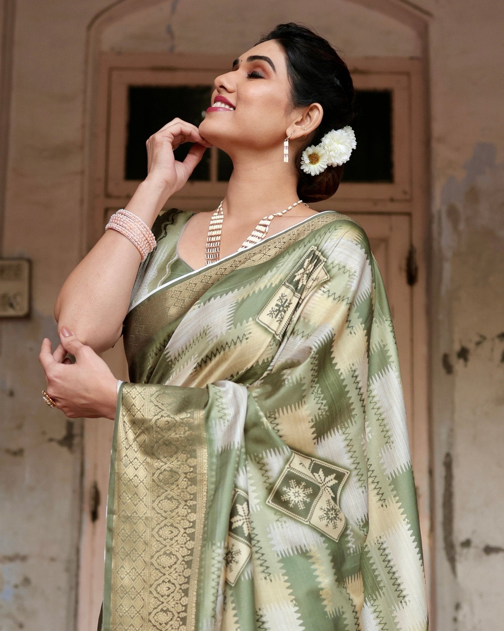 Olive Green Geometric Pure Silk Digital Print Saree with Gold Border and Tassels