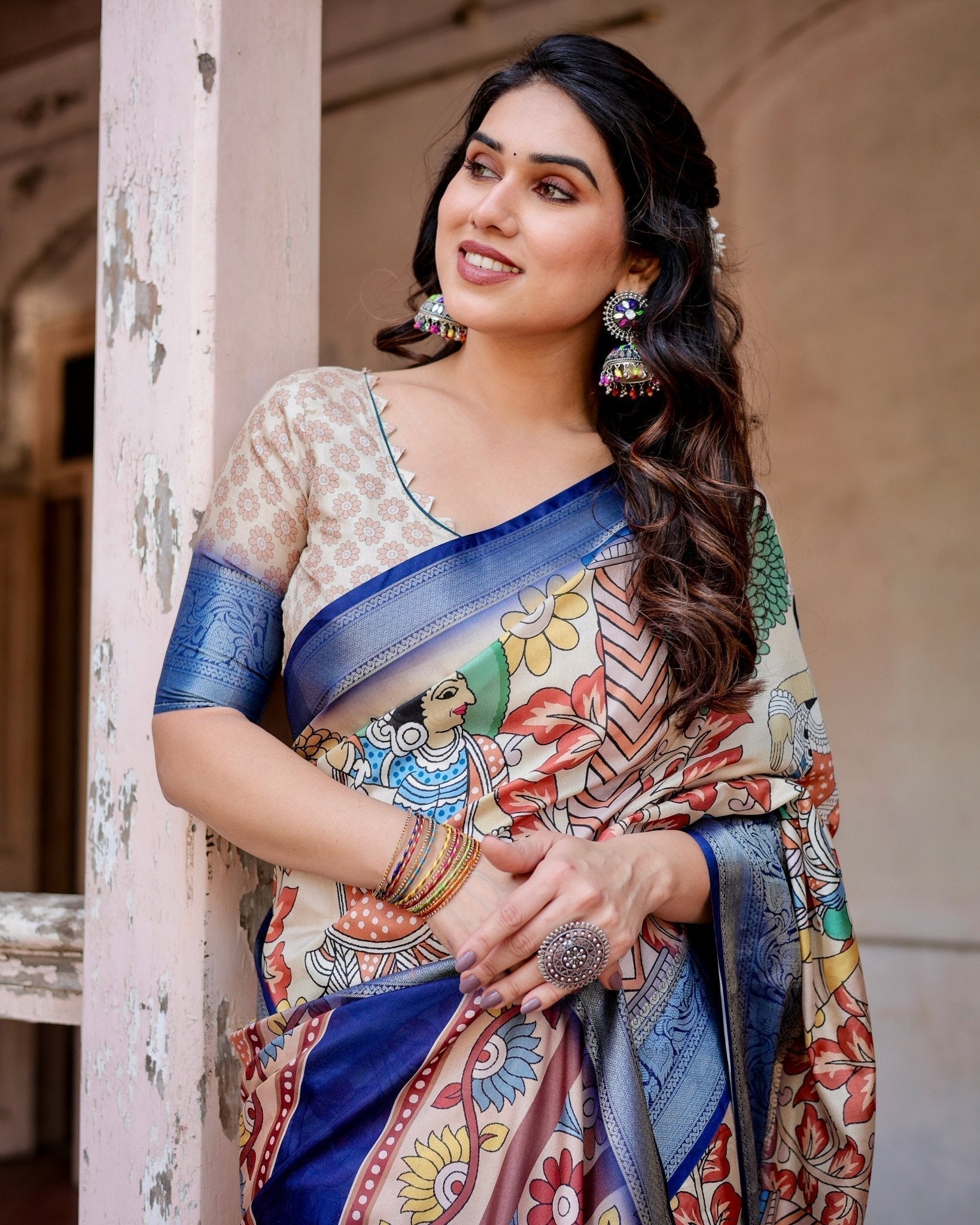 Pure Silk Digitally Printed Saree with Golden Zari and Tassels - Fashion Dream Studio