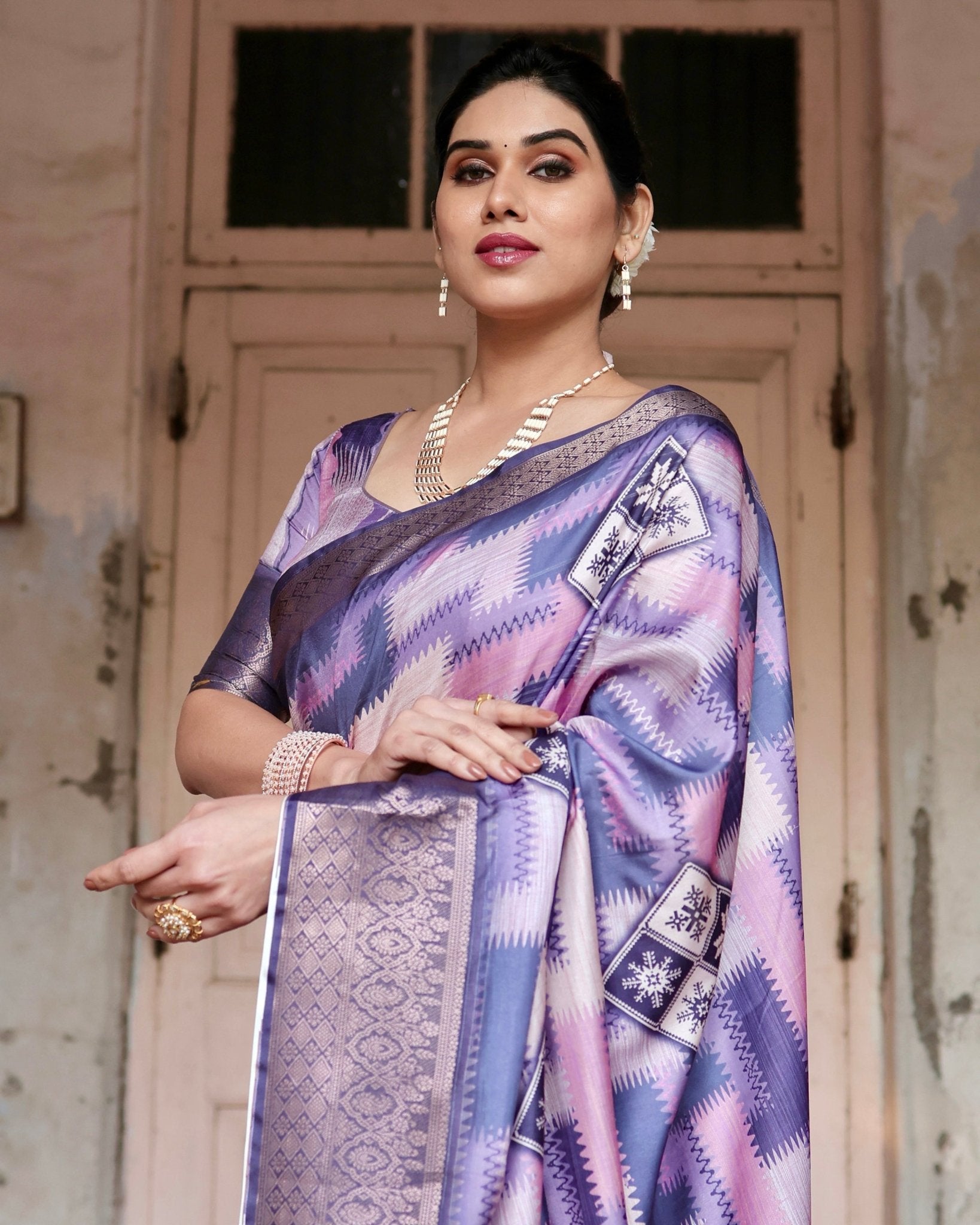 Purple and Pink Geometric Pure Silk Digital Print Saree with Gold Border and Tassels - Fashion Dream Studio