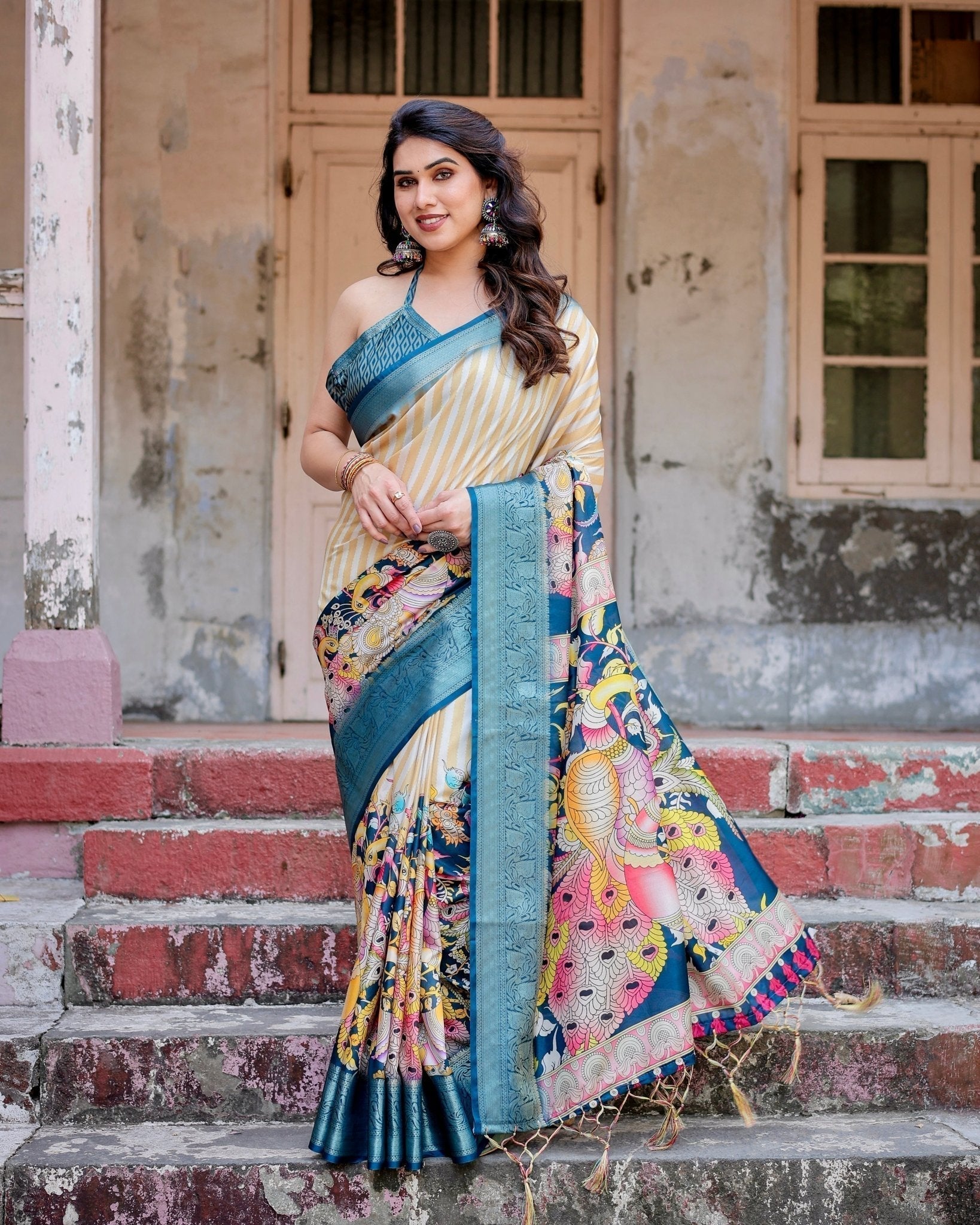 Pure Silk Digitally Printed Saree with Golden Zari and Tassels - Fashion Dream Studio