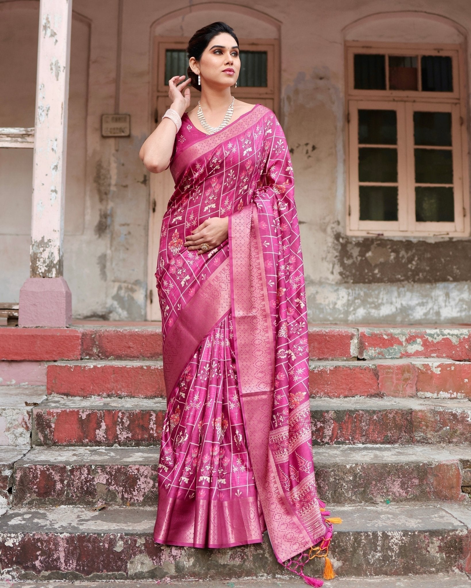 Pure Silk Digitally Printed Saree with Golden Zari and Tassels - Fashion Dream Studio