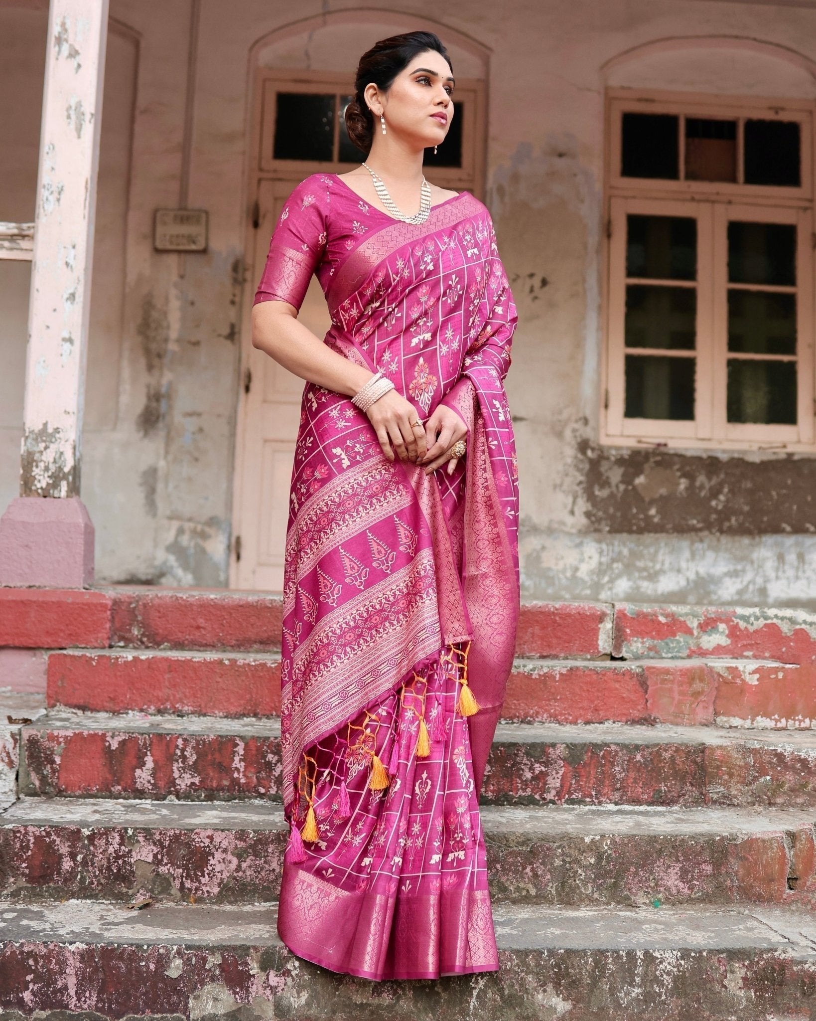 Pure Silk Digitally Printed Saree with Golden Zari and Tassels - Fashion Dream Studio