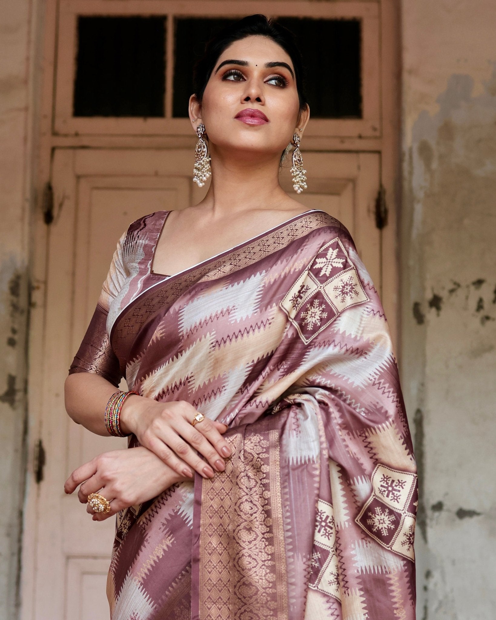 Pure Silk Digitally Printed Saree Weaved With Golden Zari Comes With Tassels - Fashion Dream Studio