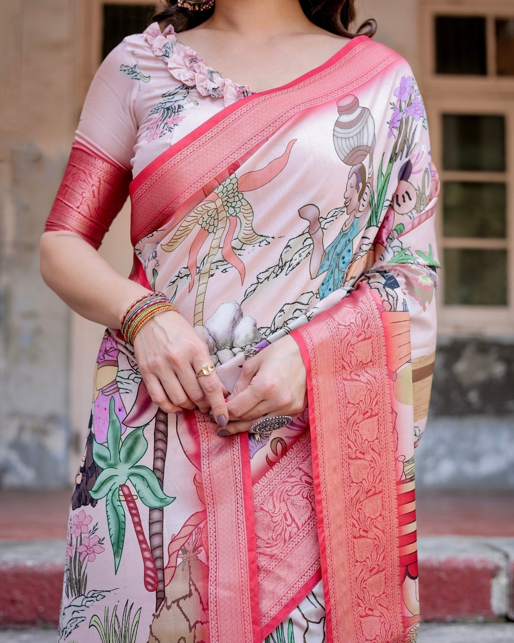 Pure Silk Digitally Printed Saree with Golden Zari and Tassels - Fashion Dream Studio