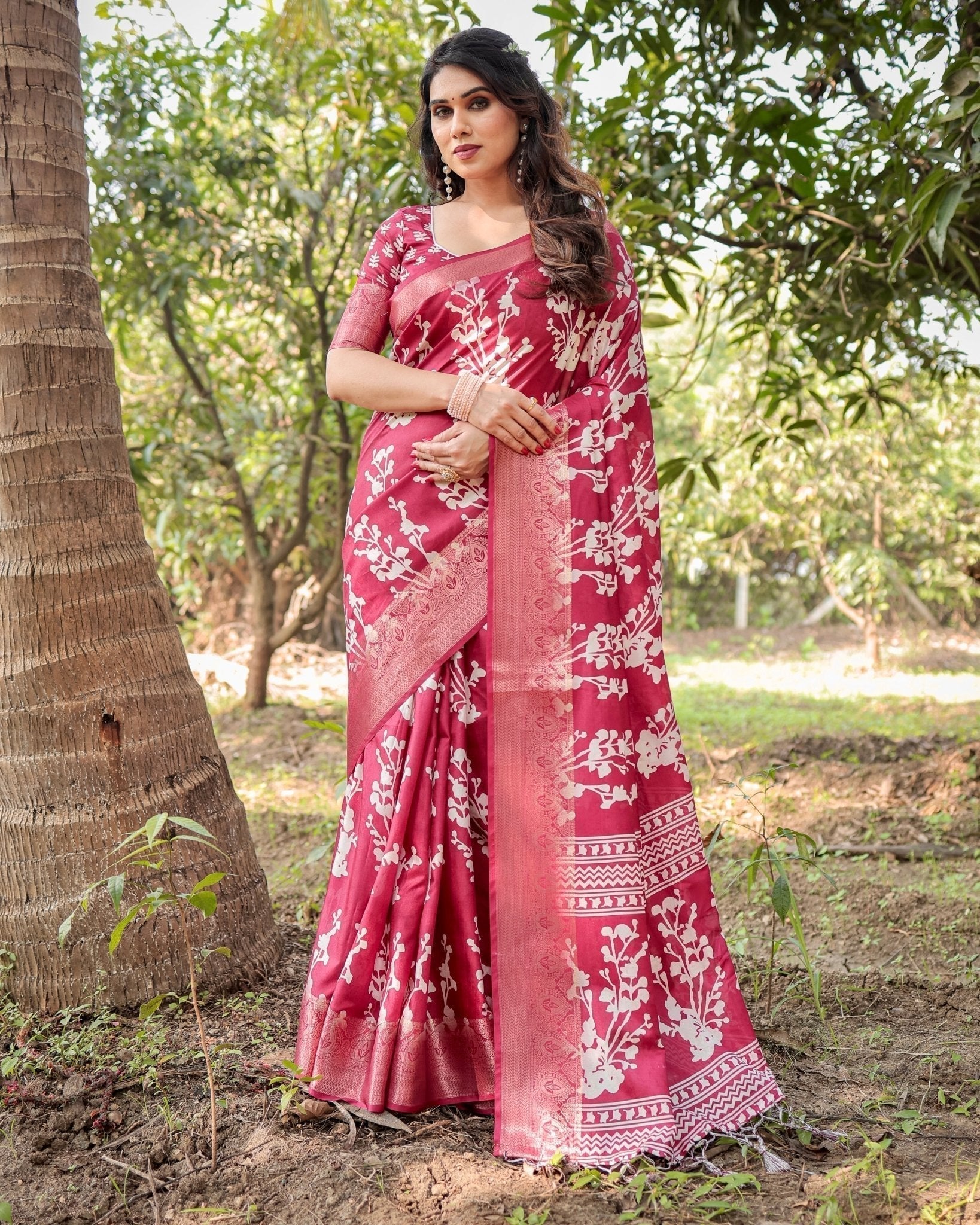 Pure Silk Digitally Printed Saree Weaved With Golden Zari Comes With Tassels