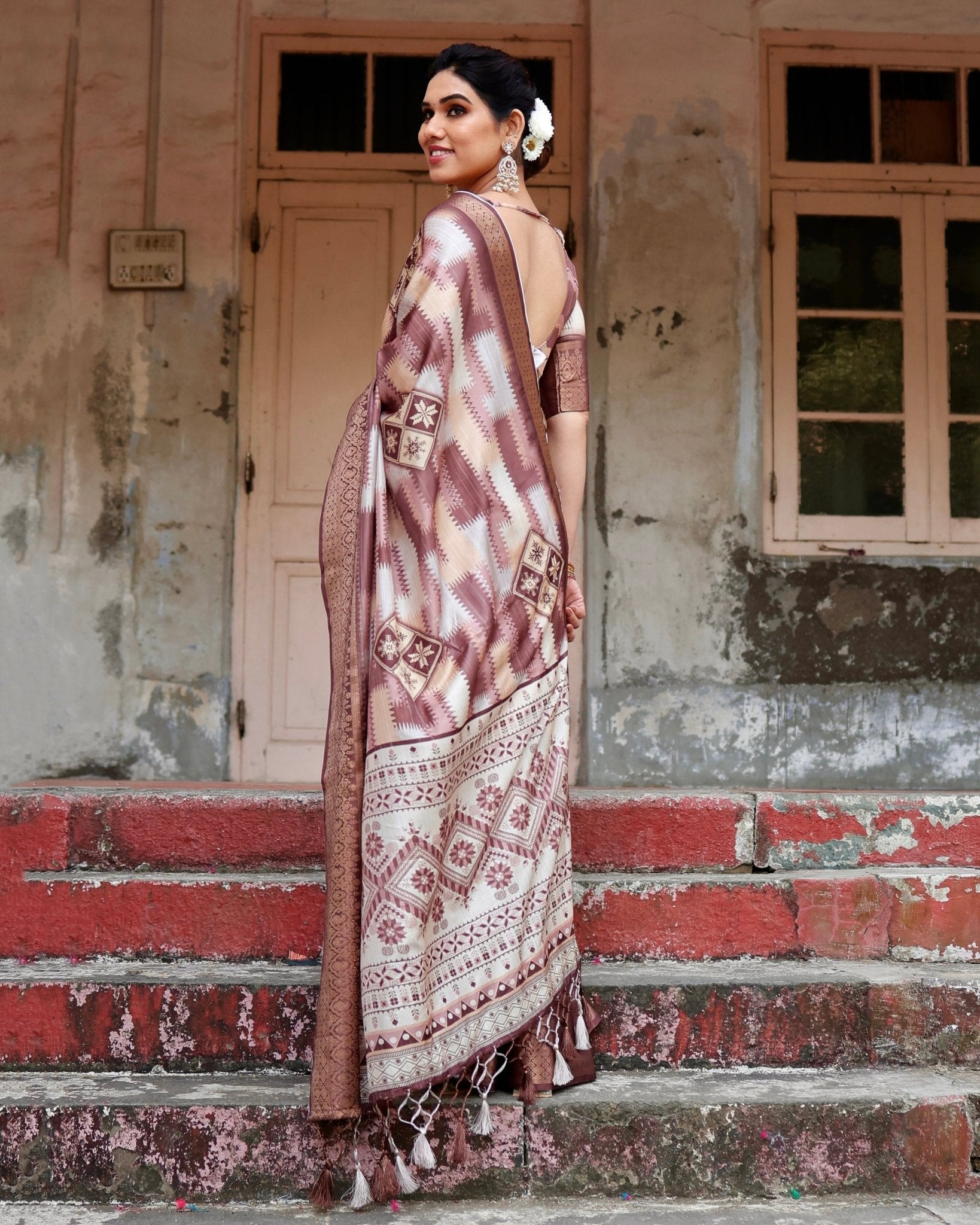 Pure Silk Digitally Printed Saree Weaved With Golden Zari Comes With Tassels - Fashion Dream Studio