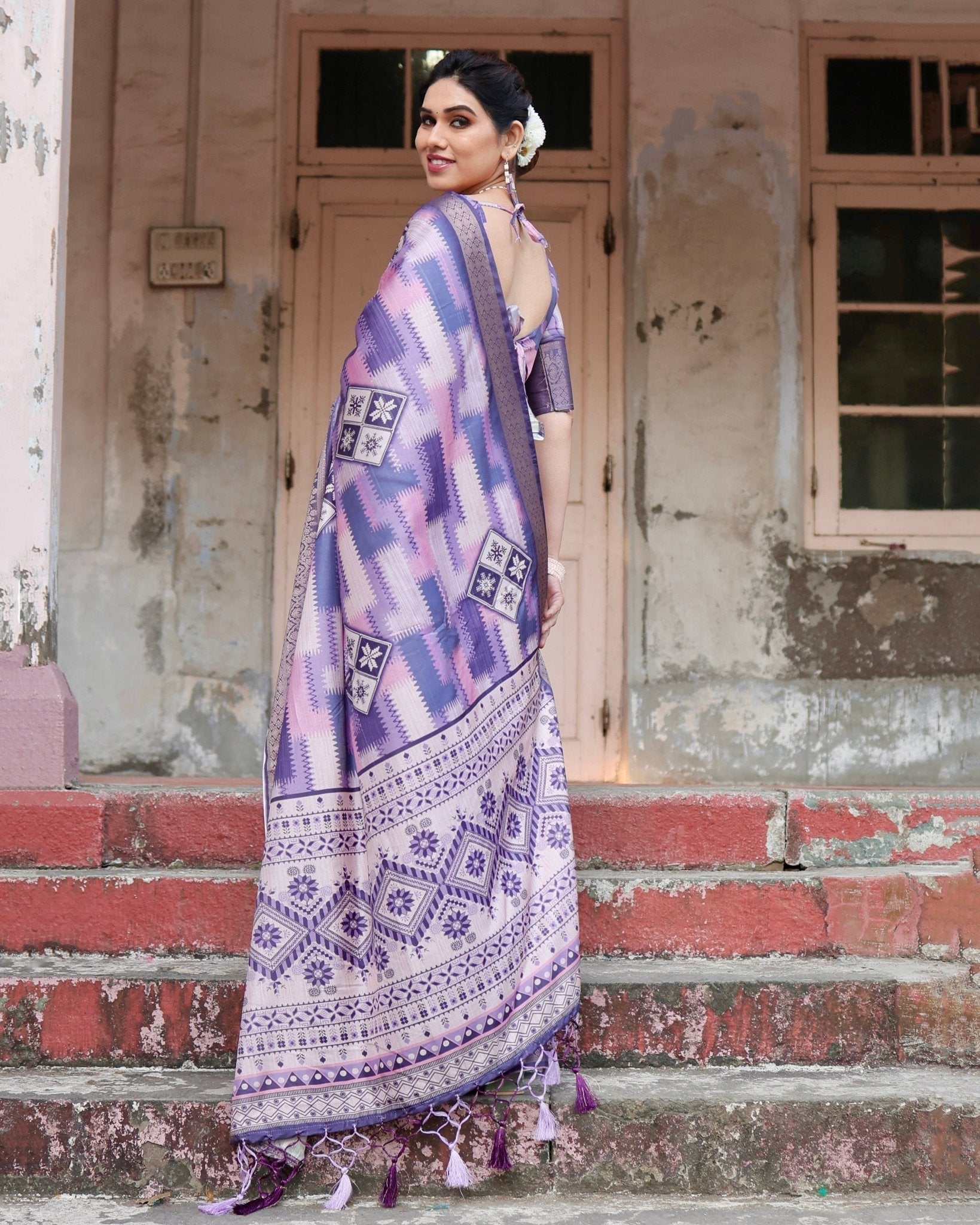 Purple and Pink Geometric Pure Silk Digital Print Saree with Gold Border and Tassels - Fashion Dream Studio