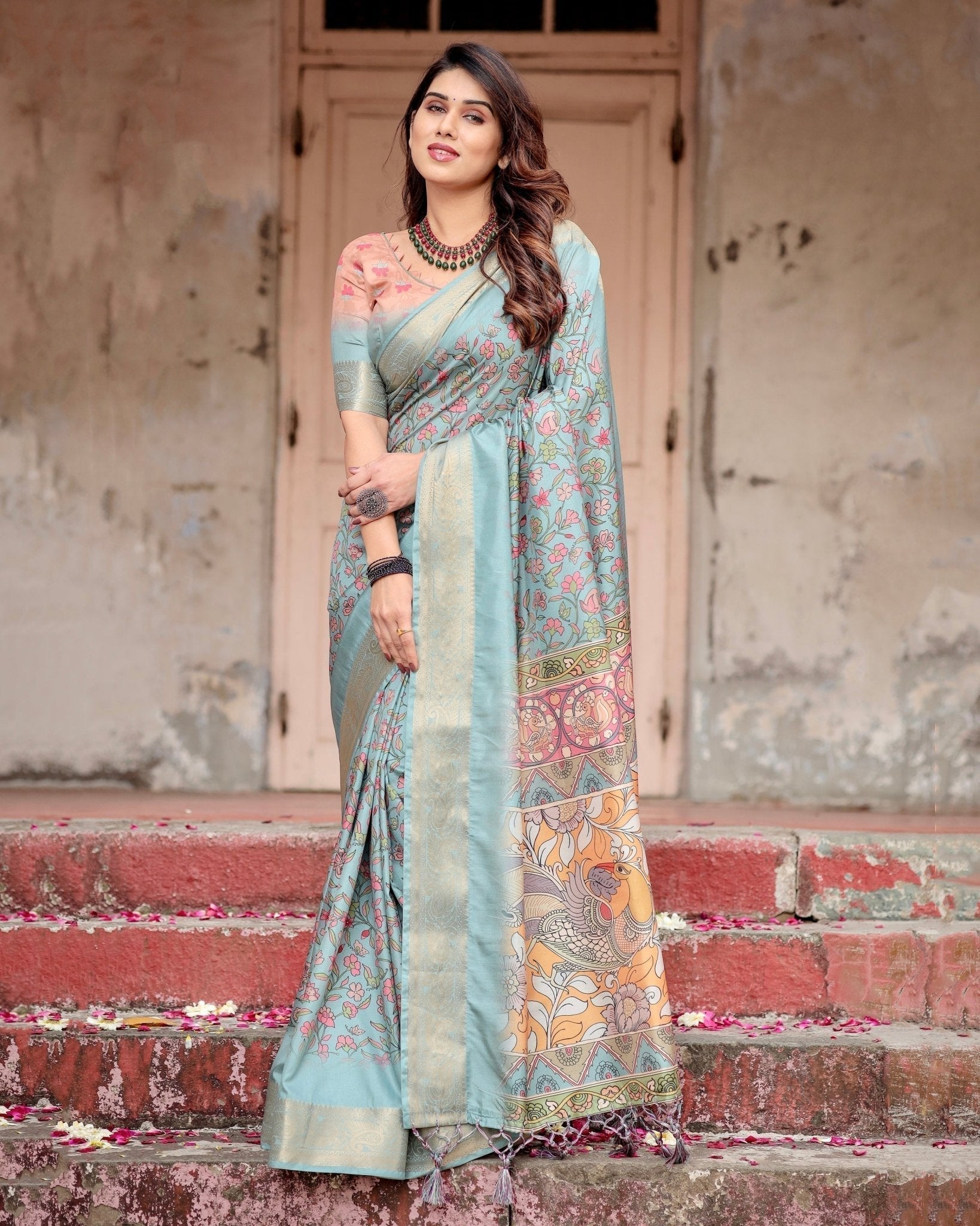 Pure Silk Digitally Printed Saree Weaved With Golden Zari Comes With Tassels