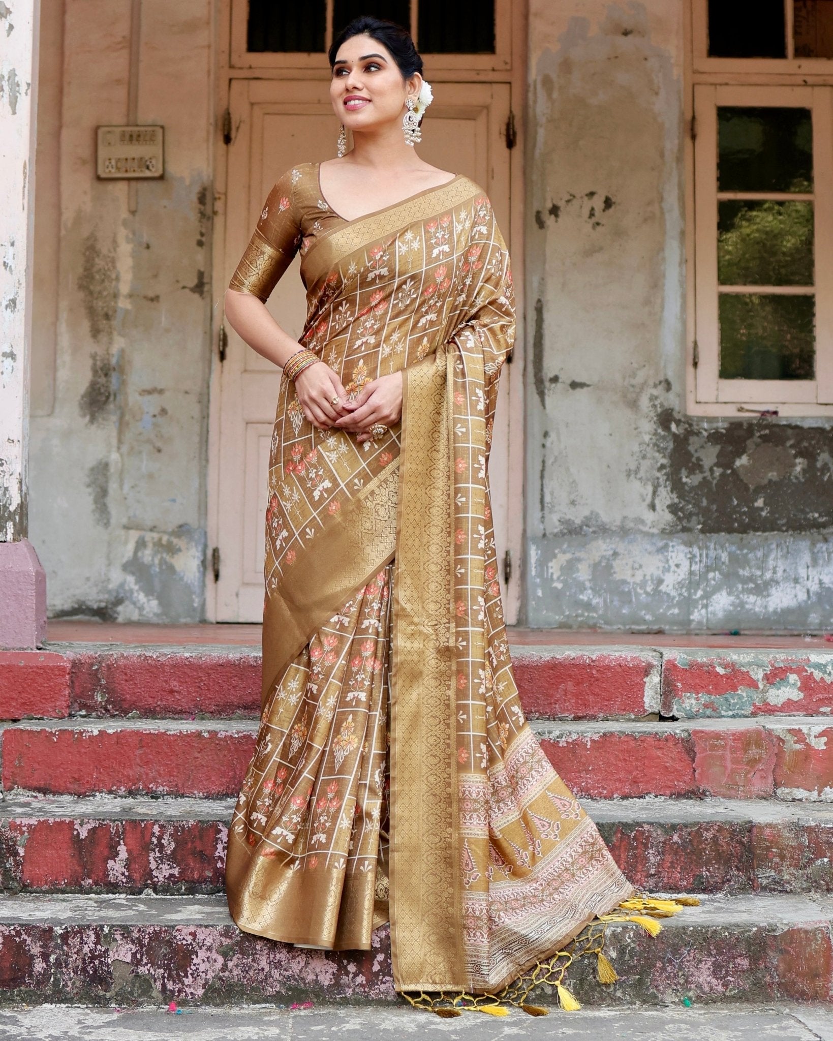 Pure Silk Digitally Printed Saree with Golden Zari and Tassels - Fashion Dream Studio