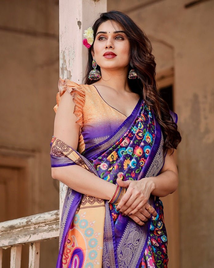 Pure Silk Digitally Printed Saree Weaved With Golden Zari Comes With Tassels - Fashion Dream Studio