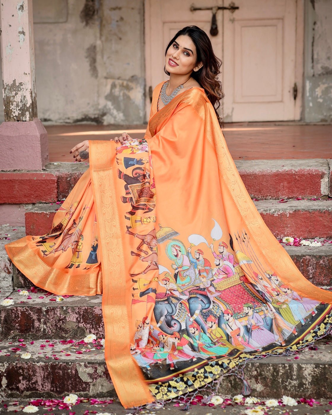 Pure Silk Digitally Printed Saree Weaved With Golden Zari Comes With Tassels