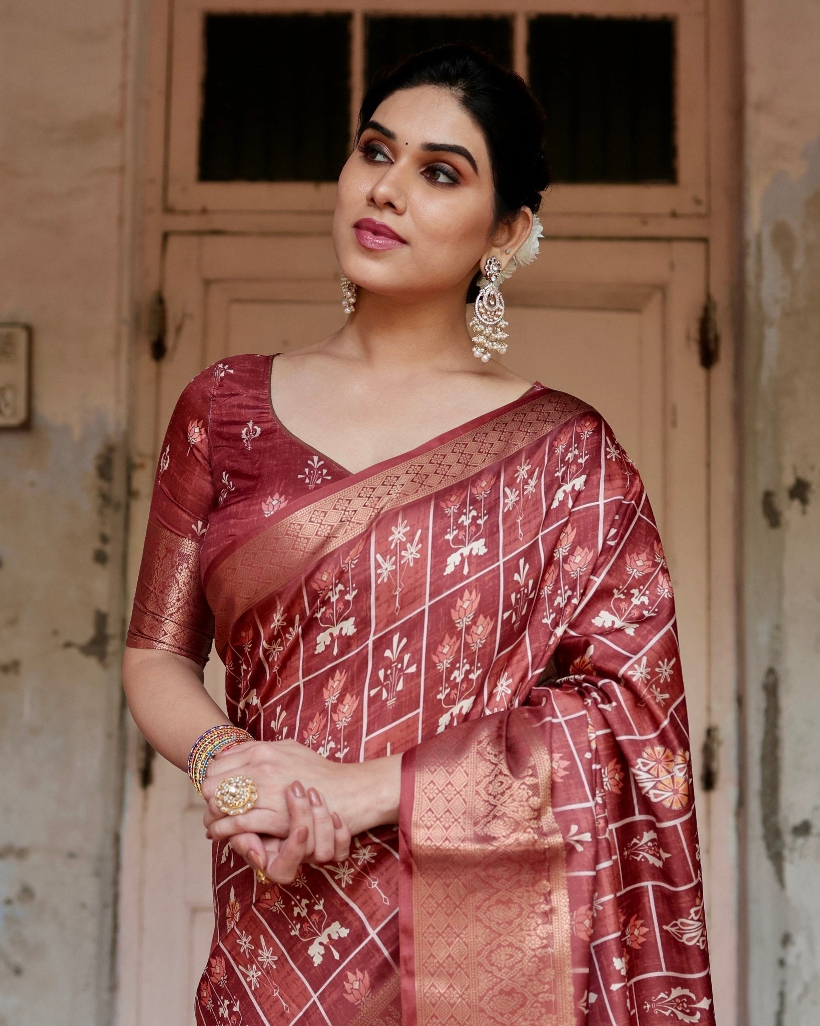 Pure Silk Digitally Printed Saree with Golden Zari and Tassels - Fashion Dream Studio