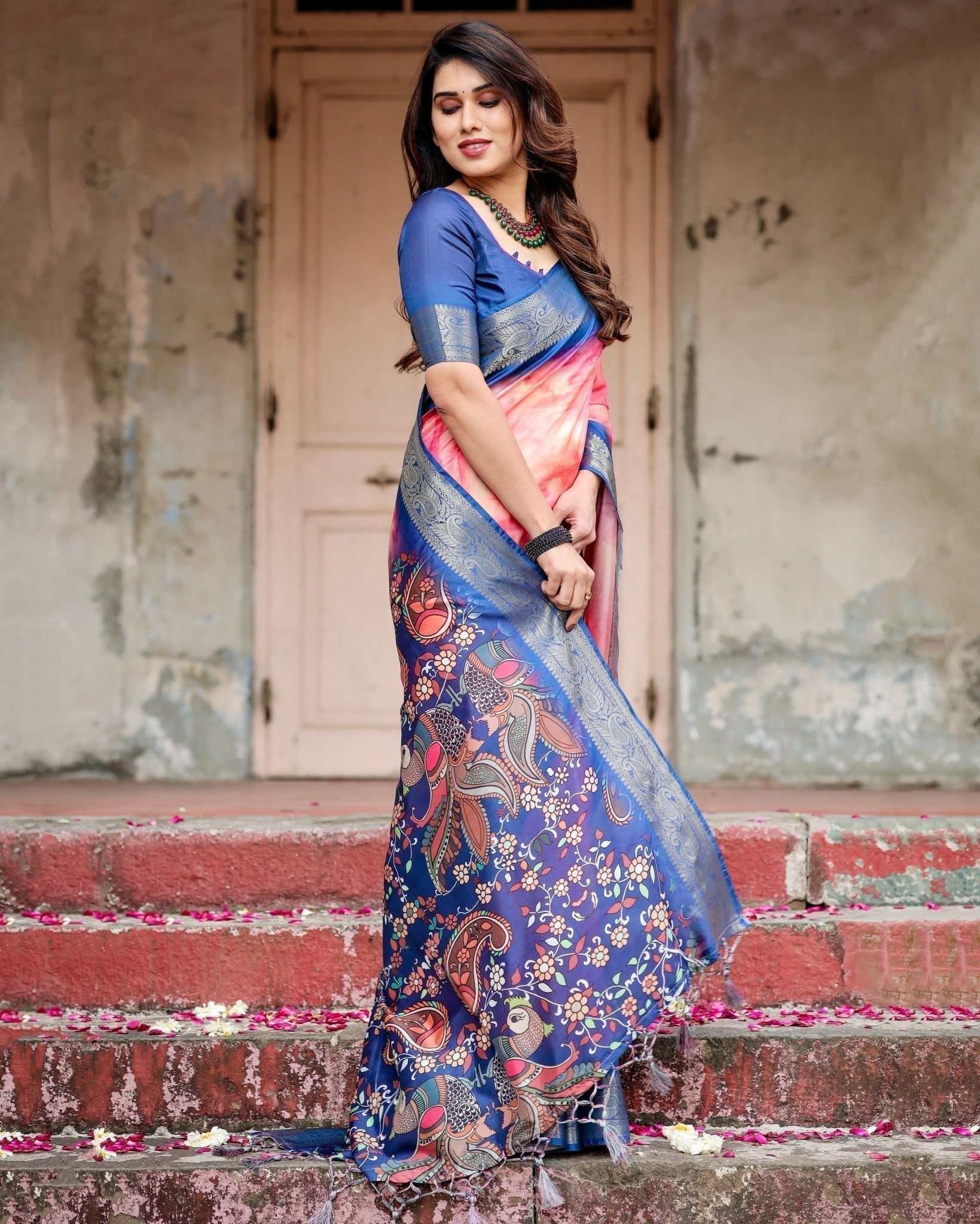 Pure Silk Digitally Printed Saree Weaved With Golden Zari Comes With Tassels - Fashion Dream Studio