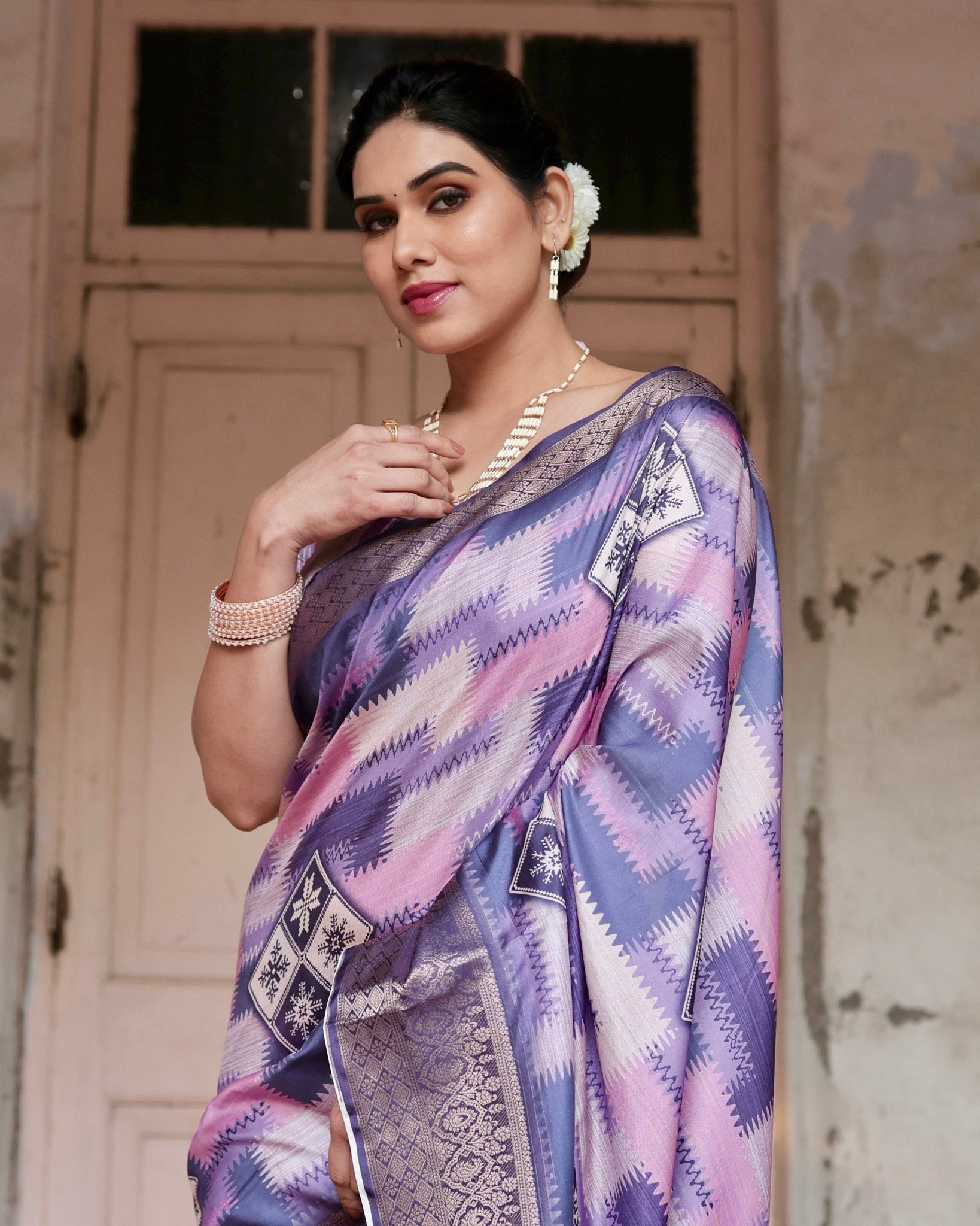 Purple and Pink Geometric Pure Silk Digital Print Saree with Gold Border and Tassels - Fashion Dream Studio