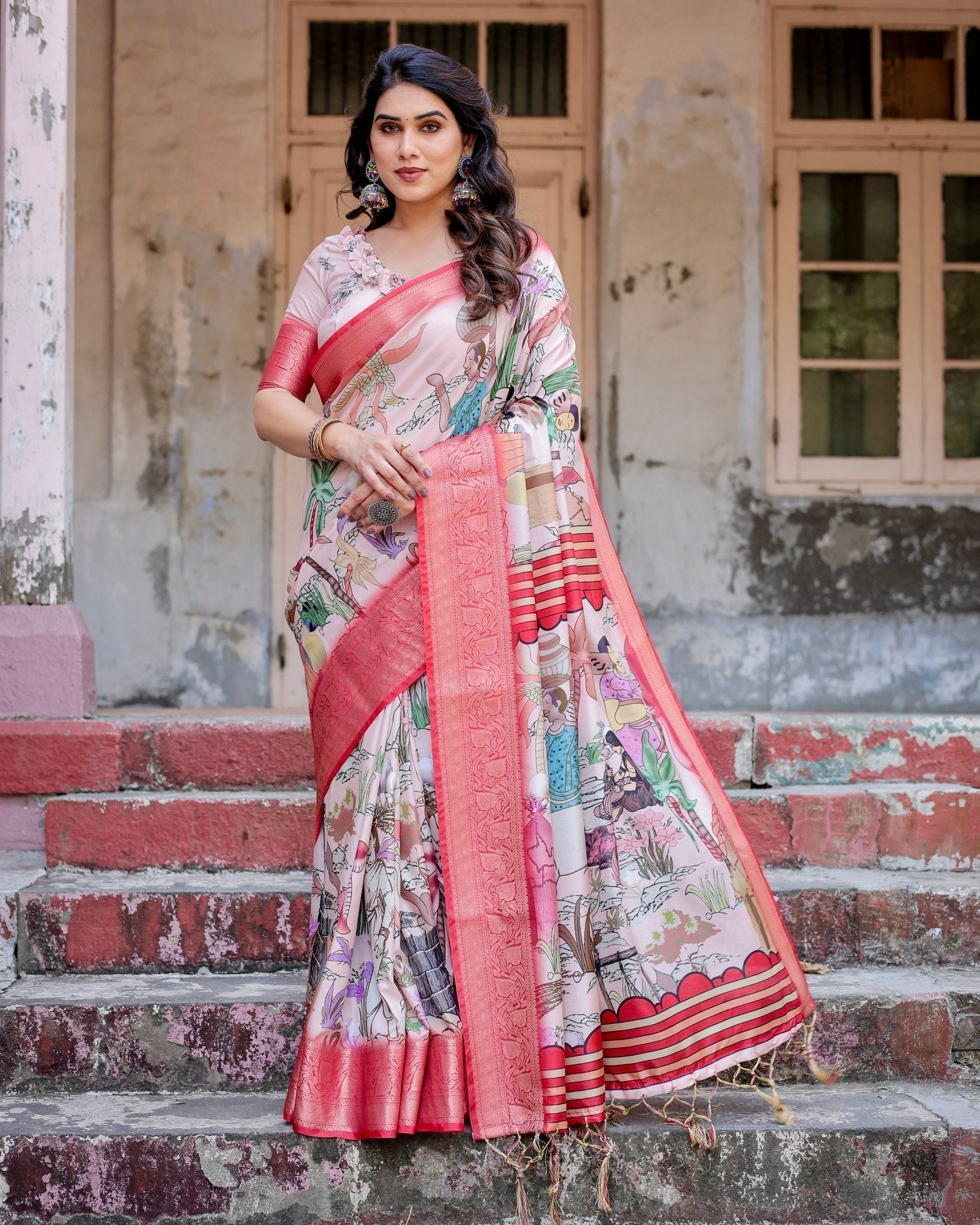 Pure Silk Digitally Printed Saree with Golden Zari and Tassels - Fashion Dream Studio