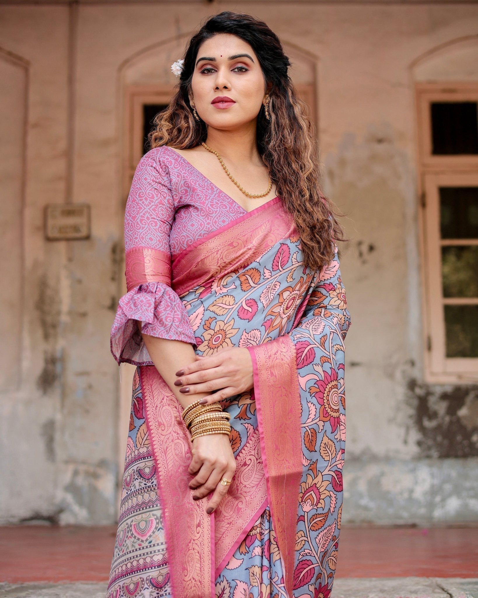 Pure Silk Digitally Printed Saree Weaved With Golden Zari Comes With Tassels - Fashion Dream Studio