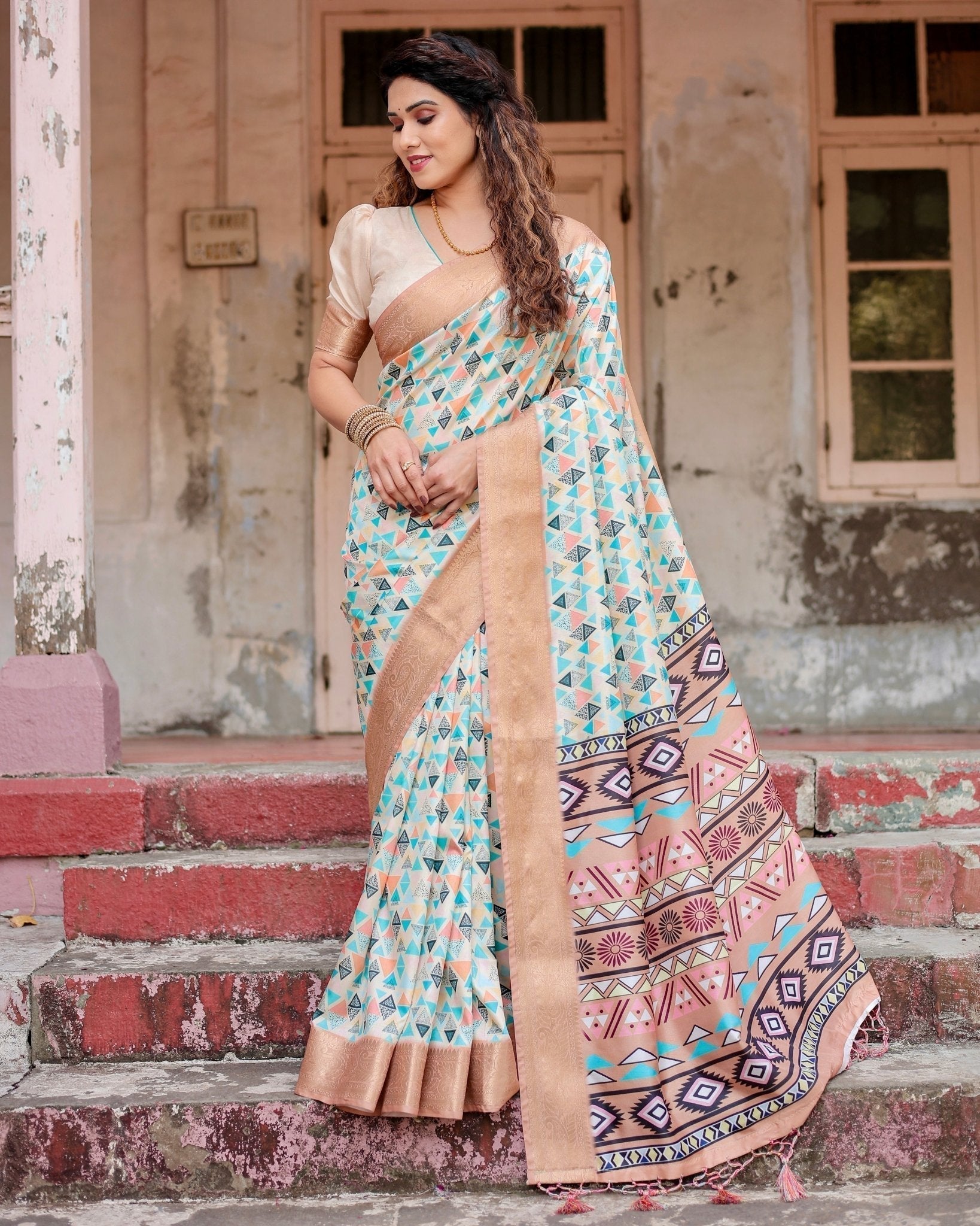 Pure Silk Digitally Printed Saree Weaved With Golden Zari Comes With Tassels - Fashion Dream Studio