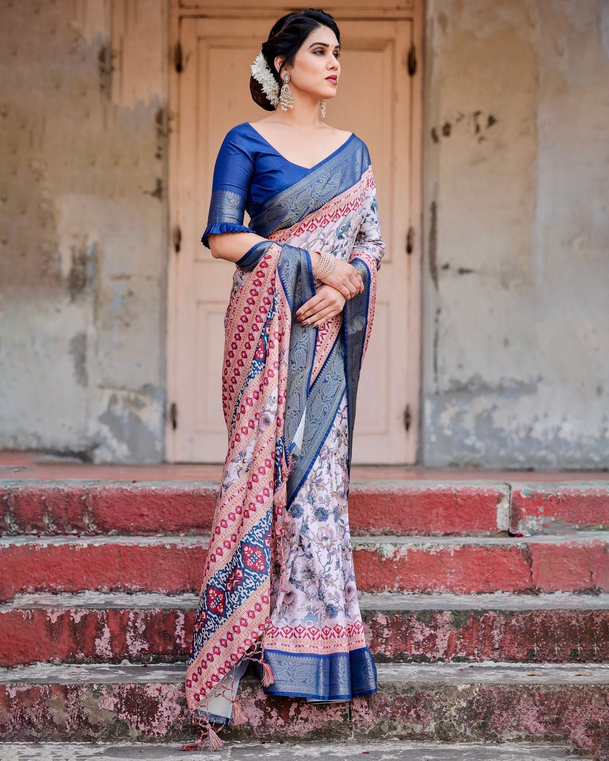 Pure Silk Digitally Printed Saree Weaved With Golden Zari Comes With Tassels