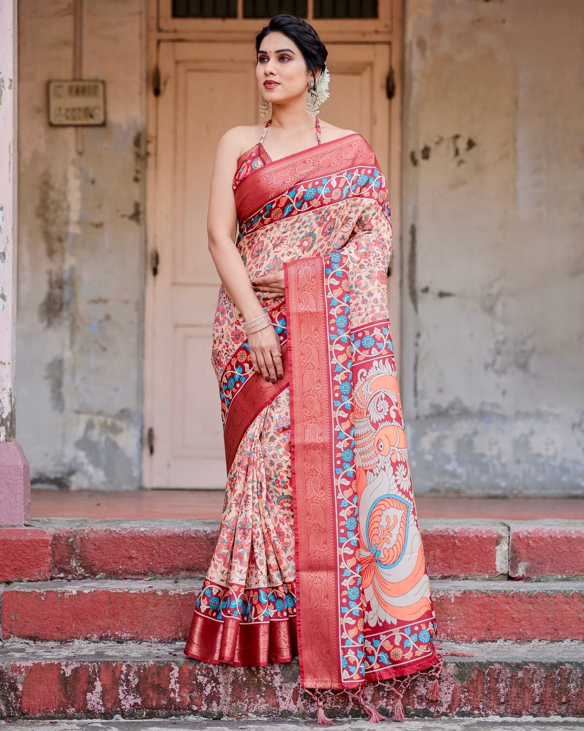 Pure Silk Digitally Printed Saree Weaved With Golden Zari Comes With Tassels - Fashion Dream Studio