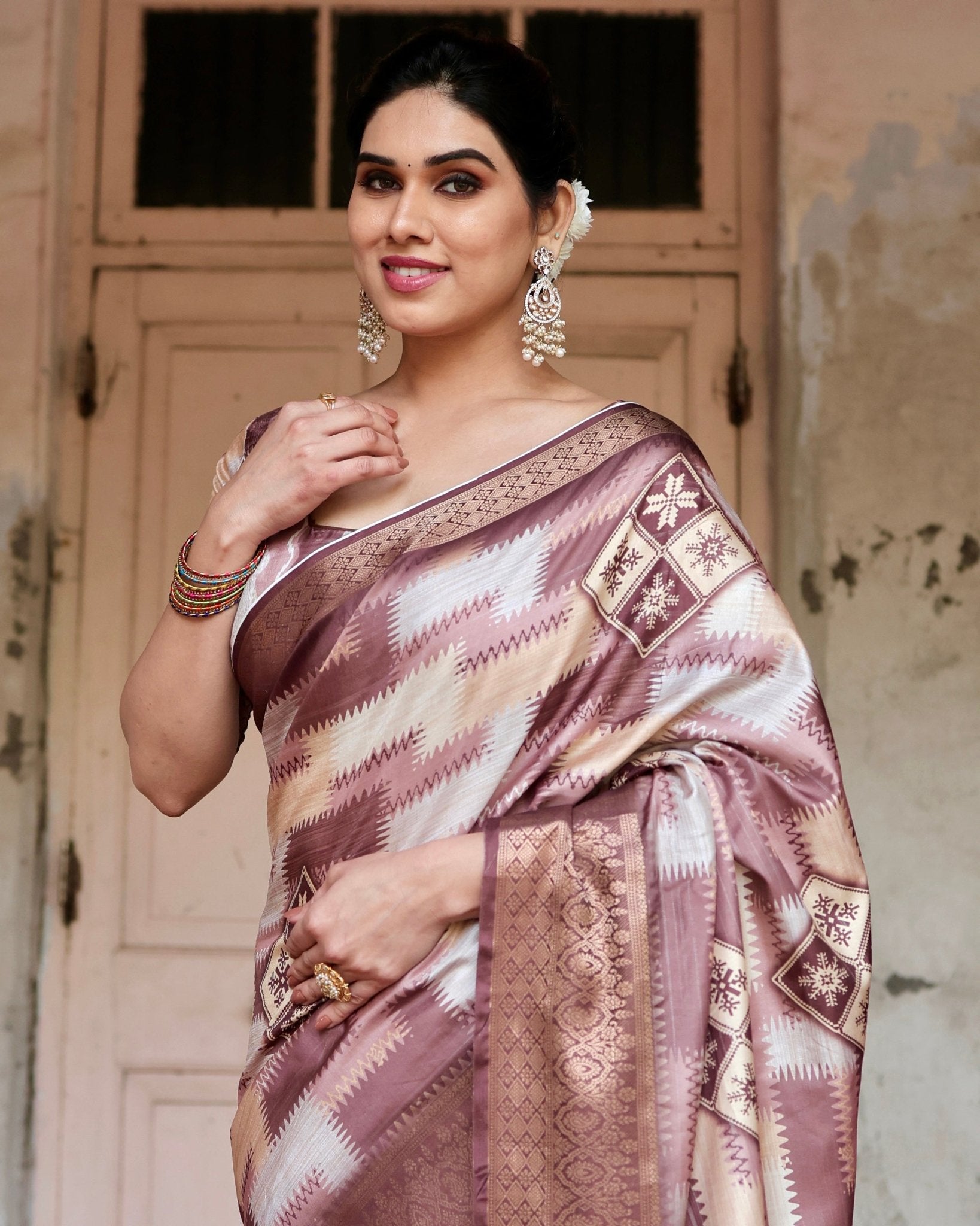 Pure Silk Digitally Printed Saree Weaved With Golden Zari Comes With Tassels - Fashion Dream Studio