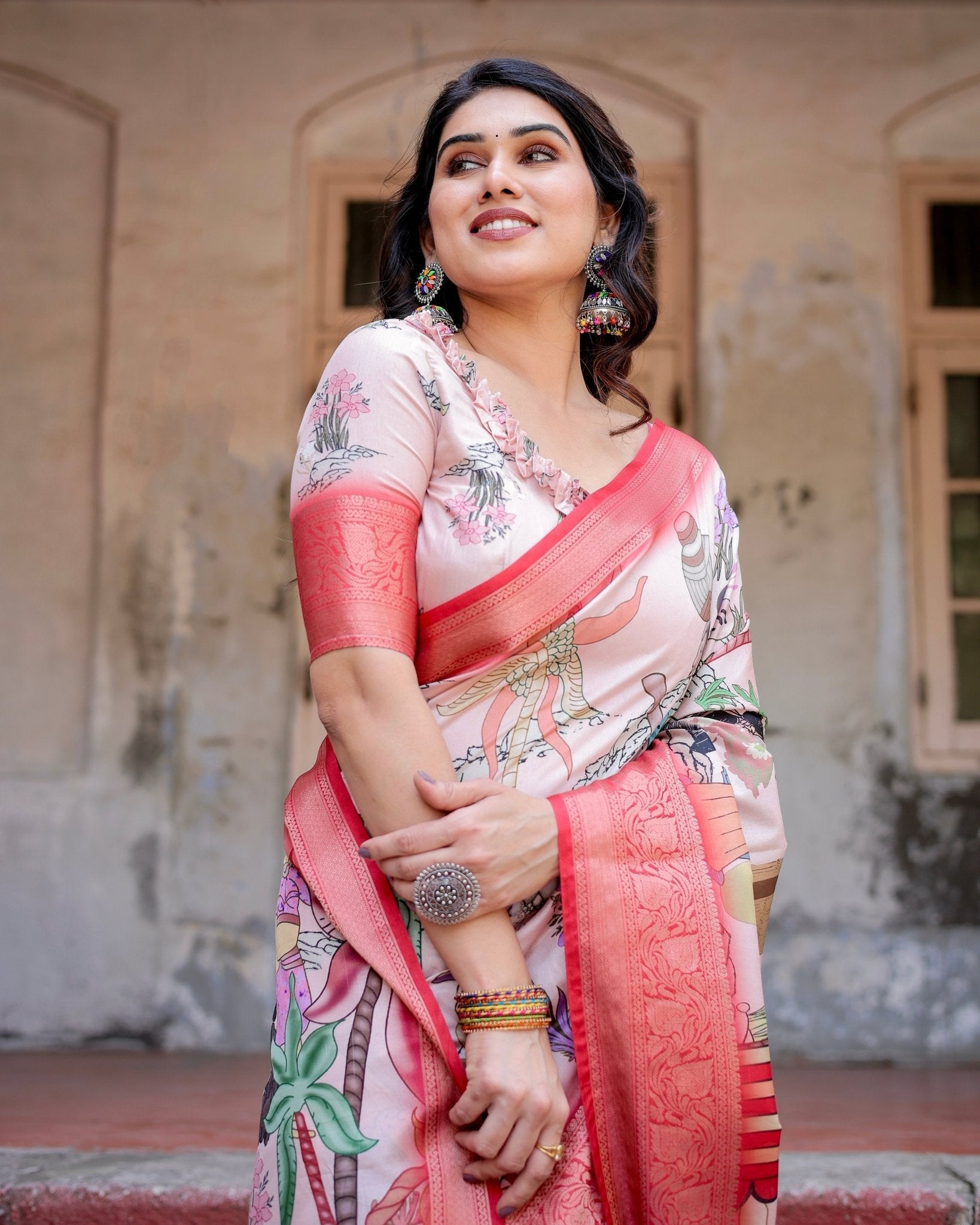 Pure Silk Digitally Printed Saree with Golden Zari and Tassels - Fashion Dream Studio