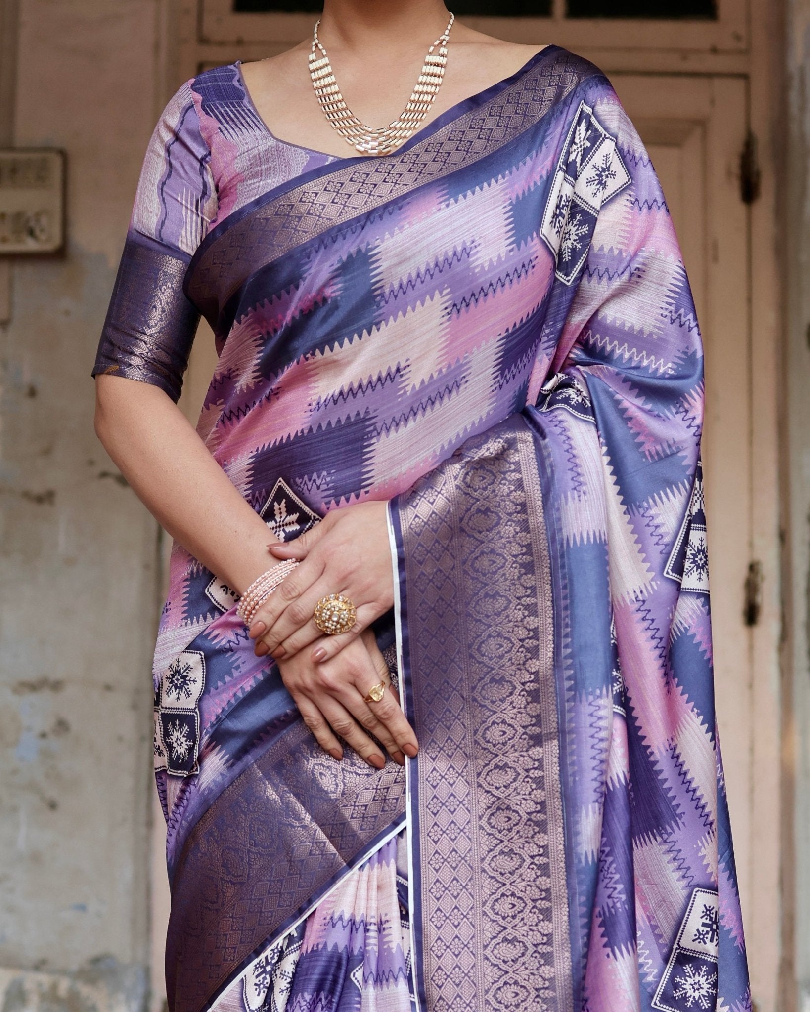 Purple and Pink Geometric Pure Silk Digital Print Saree with Gold Border and Tassels