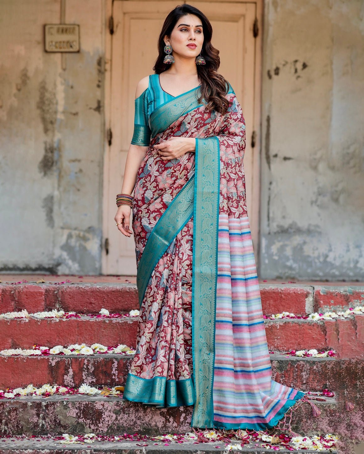 Pure Silk Digitally Printed Saree Weaved With Golden Zari Comes With Tassels - Fashion Dream Studio