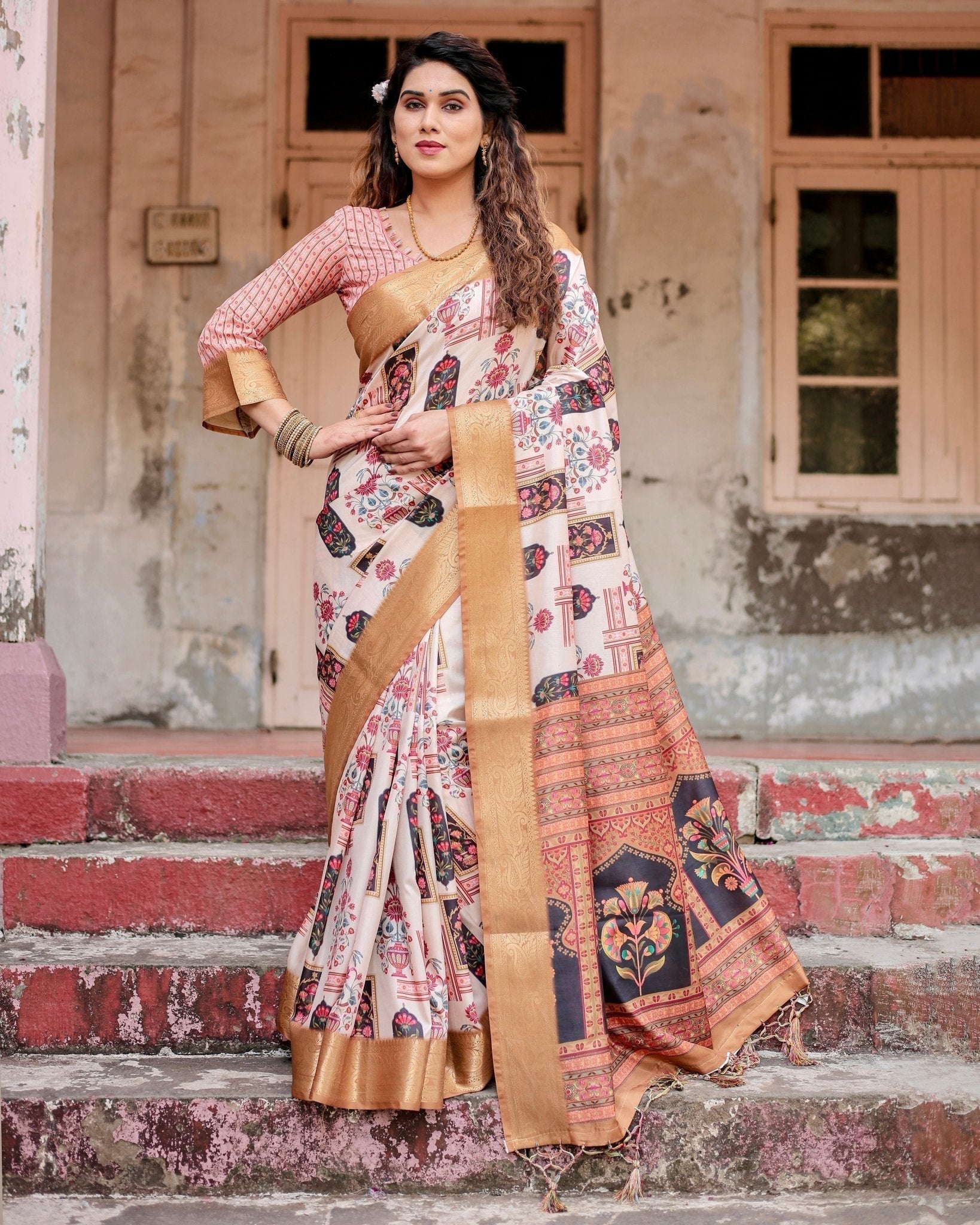 Pure Silk Digitally Printed Saree Weaved With Golden Zari Comes With Tassels - Fashion Dream Studio