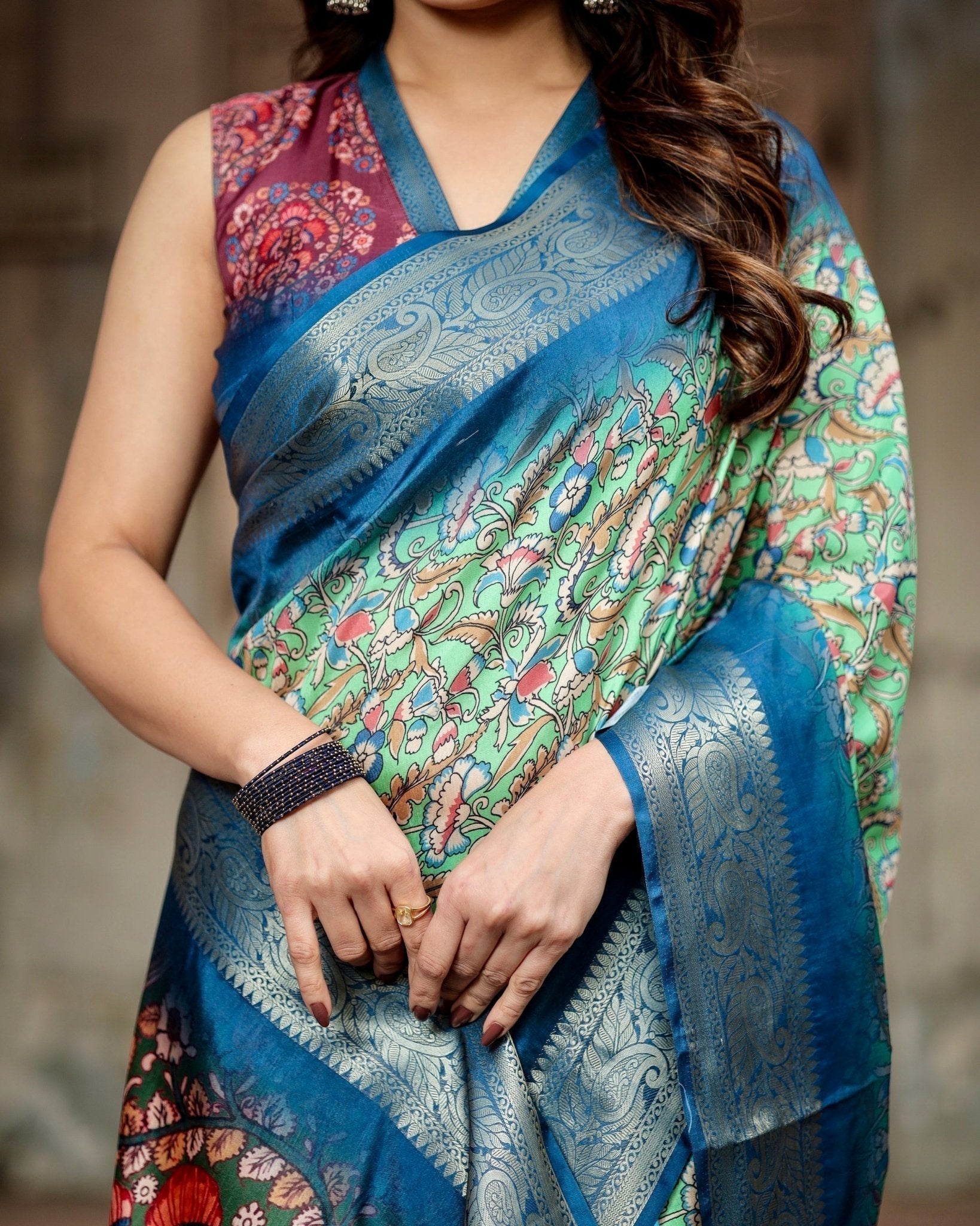 Pure Silk Digitally Printed Saree Weaved With Golden Zari Comes With Tassels