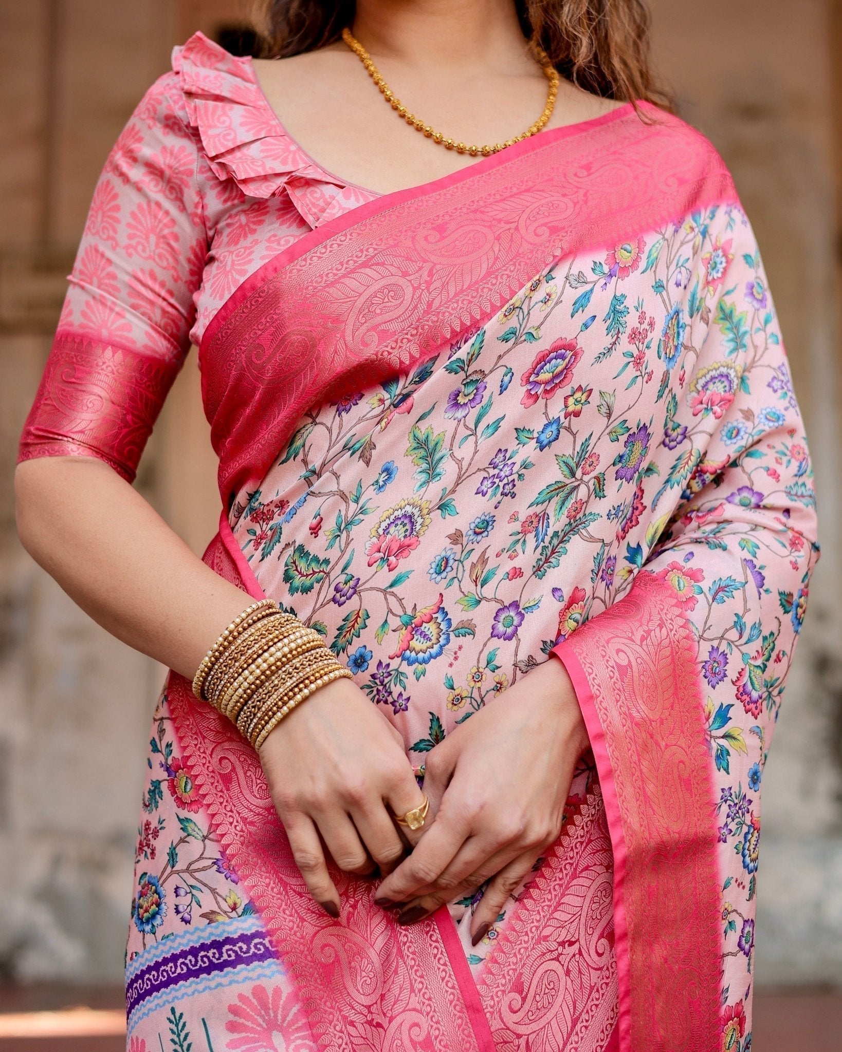 Pure Silk Digitally Printed Saree Weaved With Golden Zari Comes With Tassels