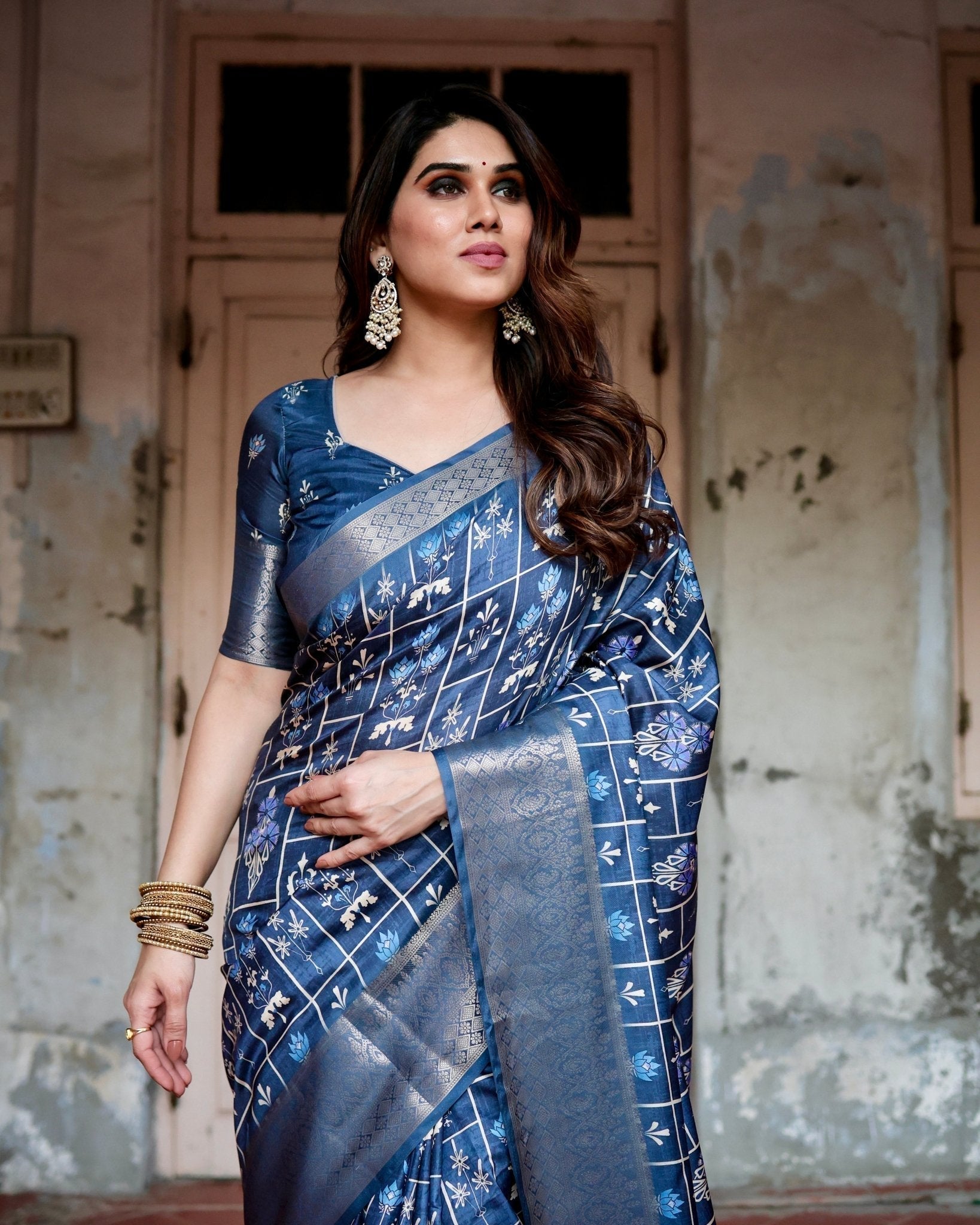 Pure Silk Digitally Printed Saree with Golden Zari and Tassels - Fashion Dream Studio