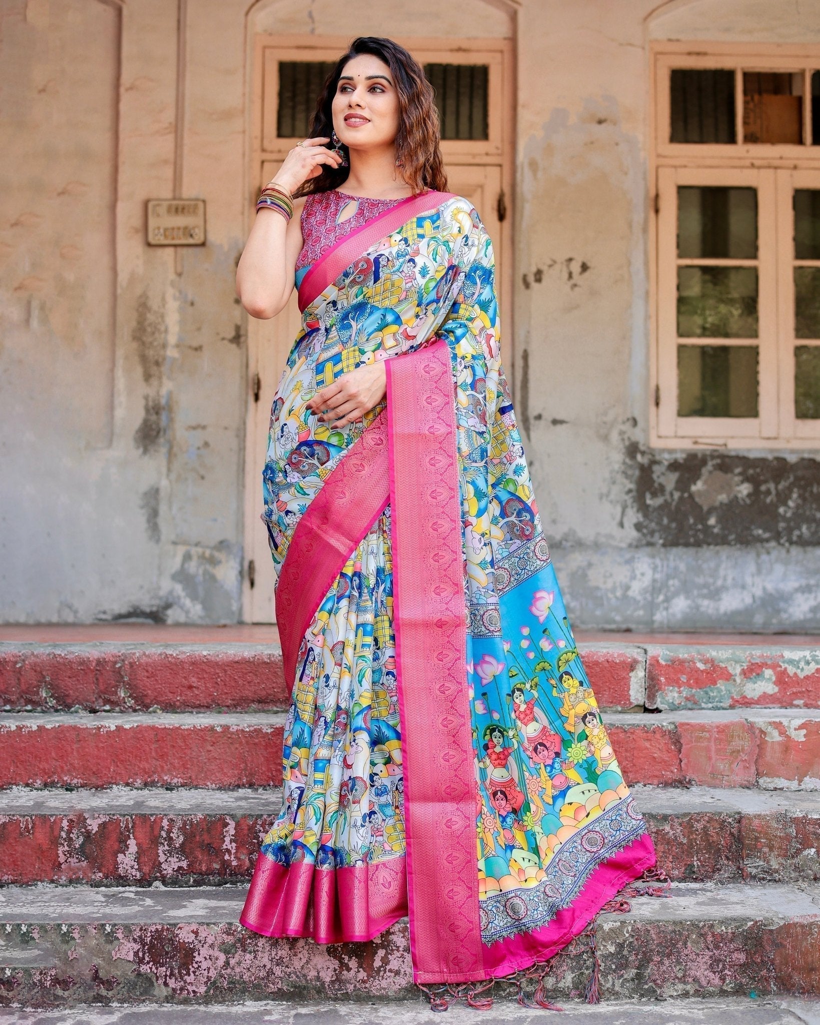 Pure Silk Digitally Printed Saree Weaved With Golden Zari Comes With Tassels